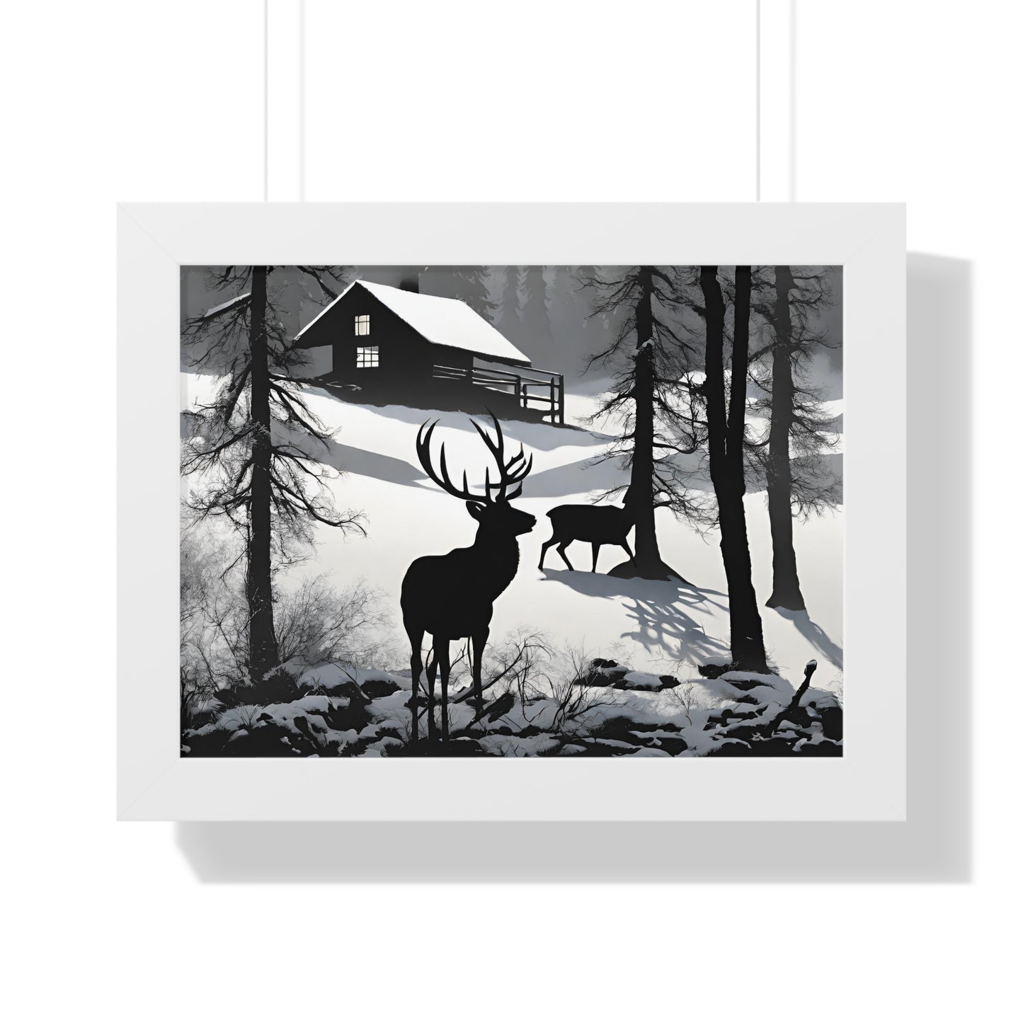 Animal Wall Art, Deer Hunter Picture, Buck Print, Hunting Cabin, Shadow Wall Hanging, Winter Snow Image, Living Room Poster, Framed Art