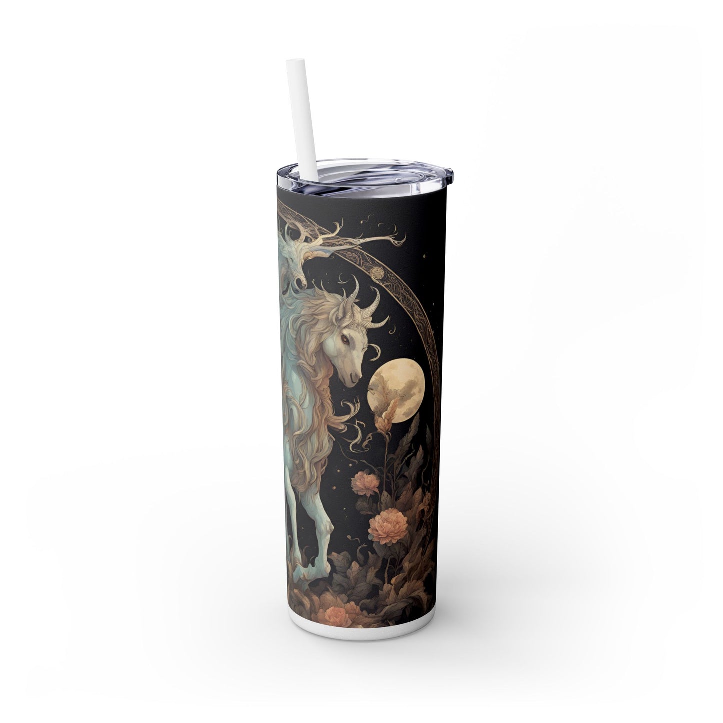 Majestic Myths Skinny Tumbler | Horned Goat Horse Drinking Cup | Floral Flower Night Sky Moon Fantasy Road Trip Exercise Traveler
