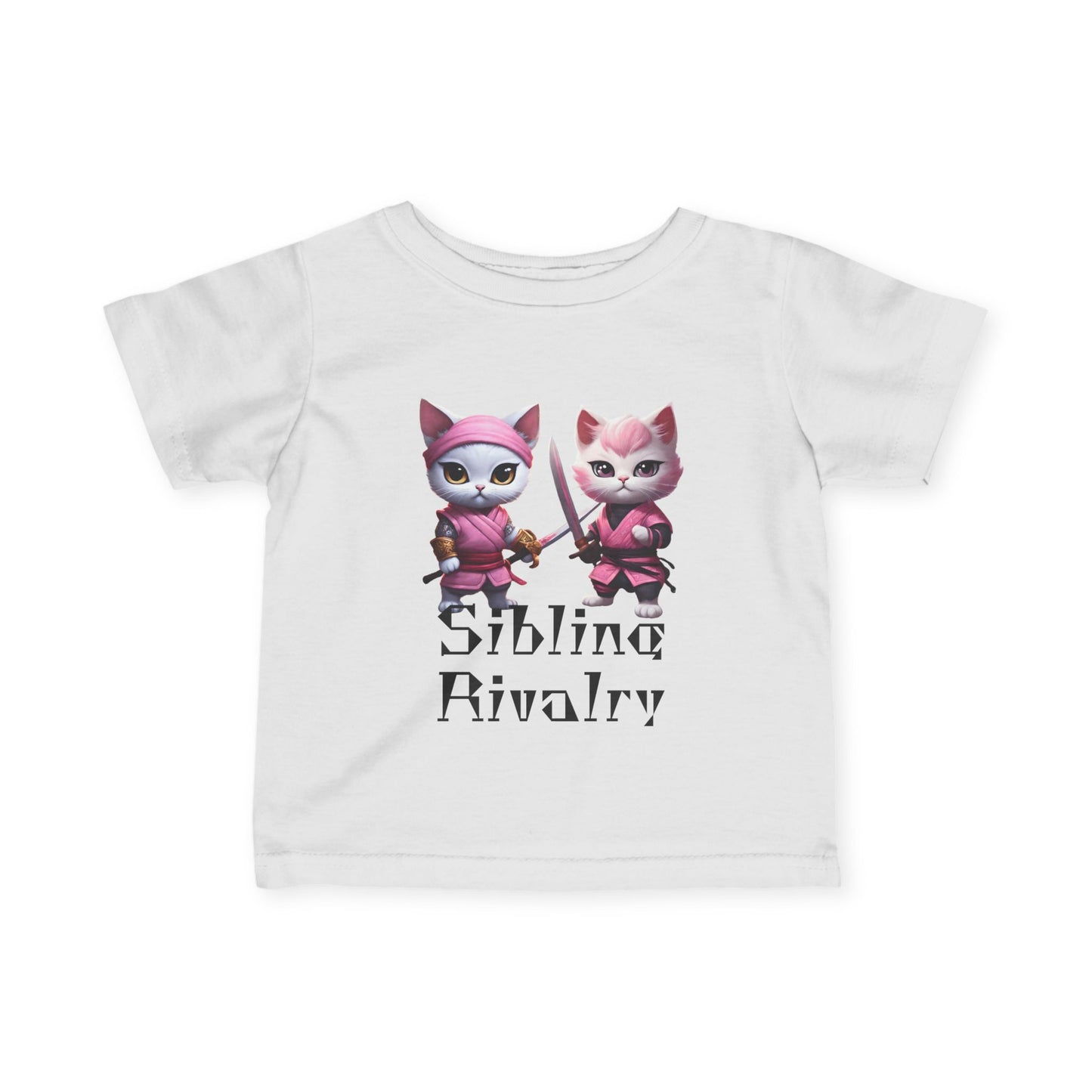 Warrior Cat Samurais Infant Gift Shirt, Sibling Rivalry Ninja Kitten Tee, Cute Sword Kitty Short Sleeve Baby Tshirt