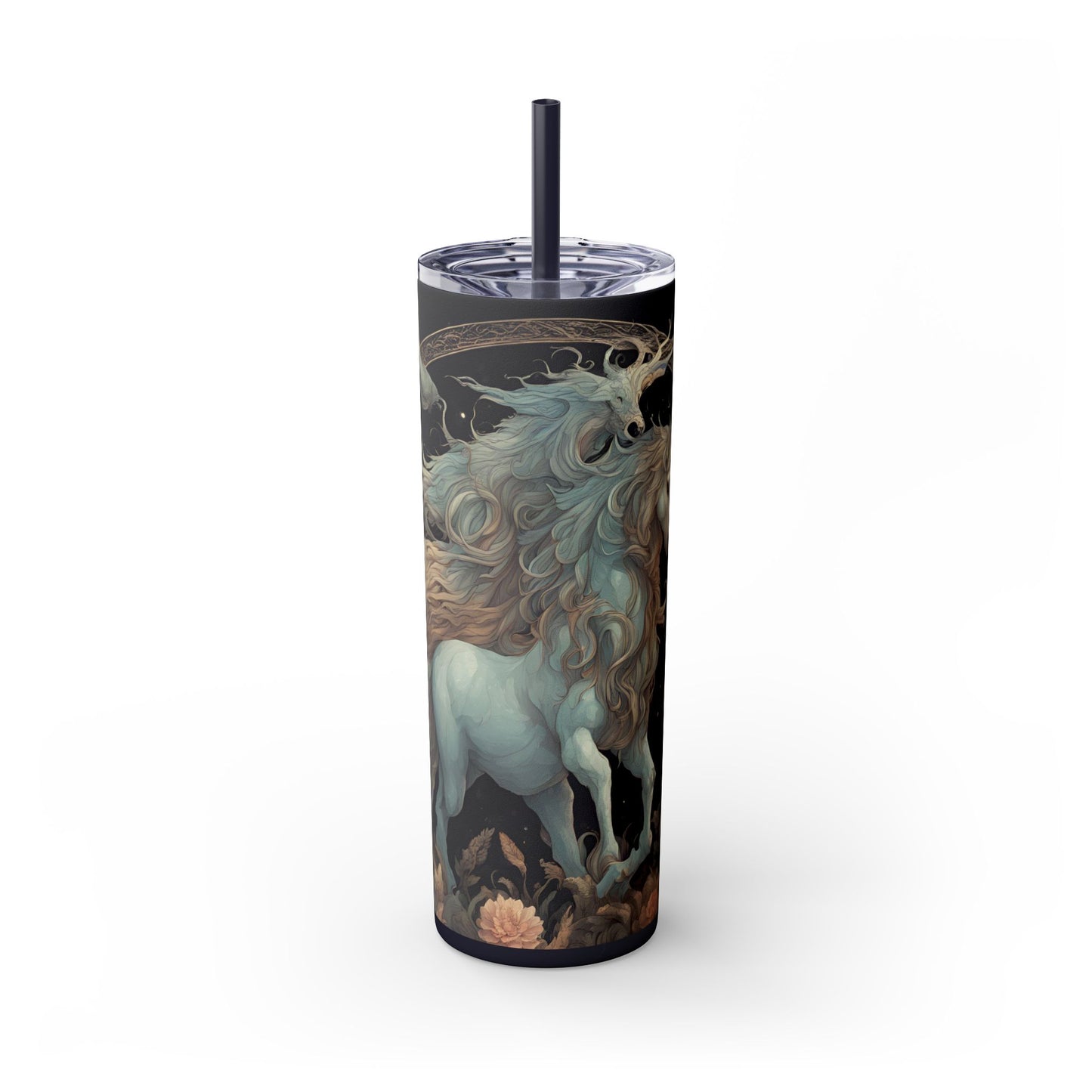 Majestic Myths Skinny Tumbler | Horned Goat Horse Drinking Cup | Floral Flower Night Sky Moon Fantasy Road Trip Exercise Traveler