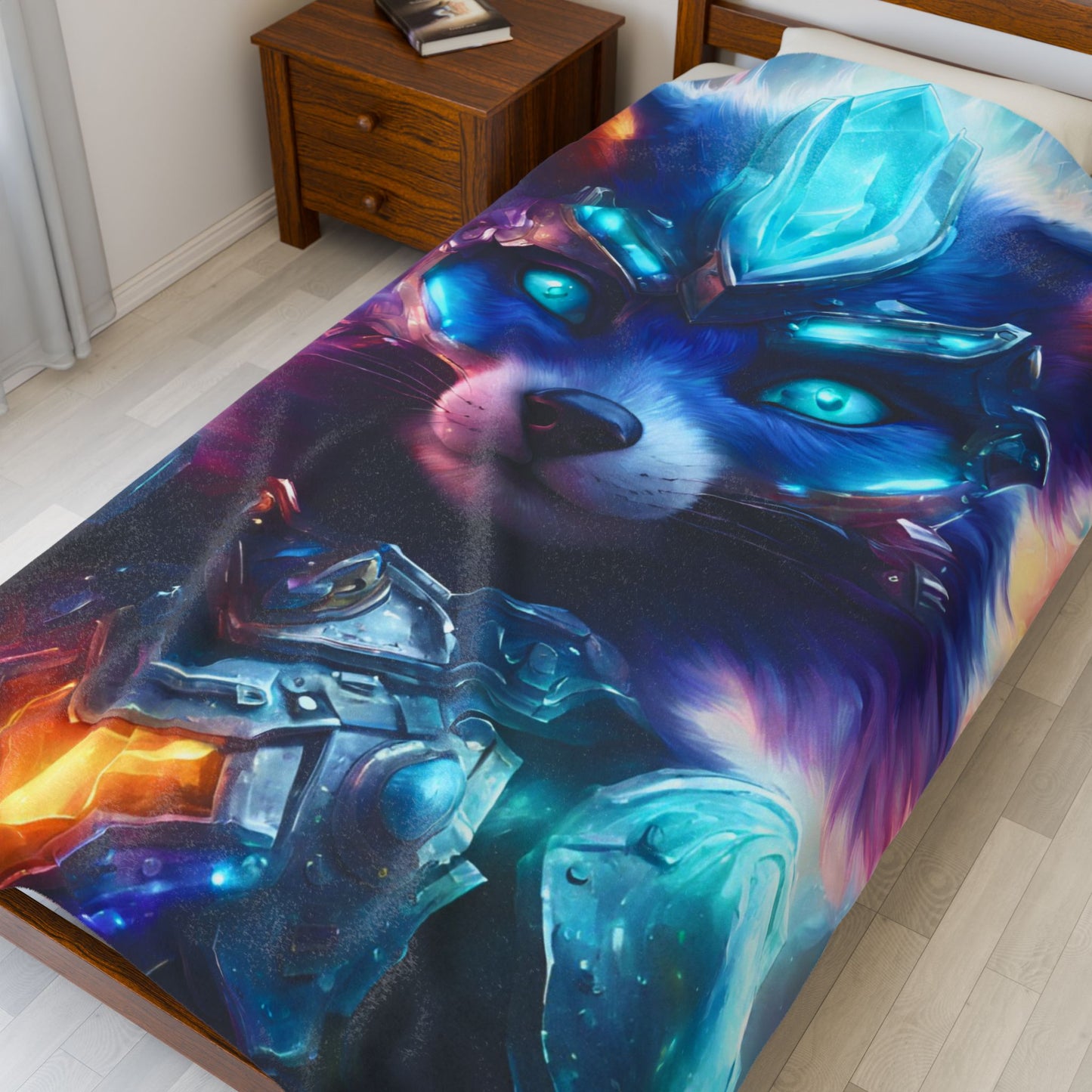 Warrior Fox Blanket, Cybernetic Armored Plush Throw Blanket, Neon Violet Crystal Guardian, Kids Adults Bed Couch Throw Cover