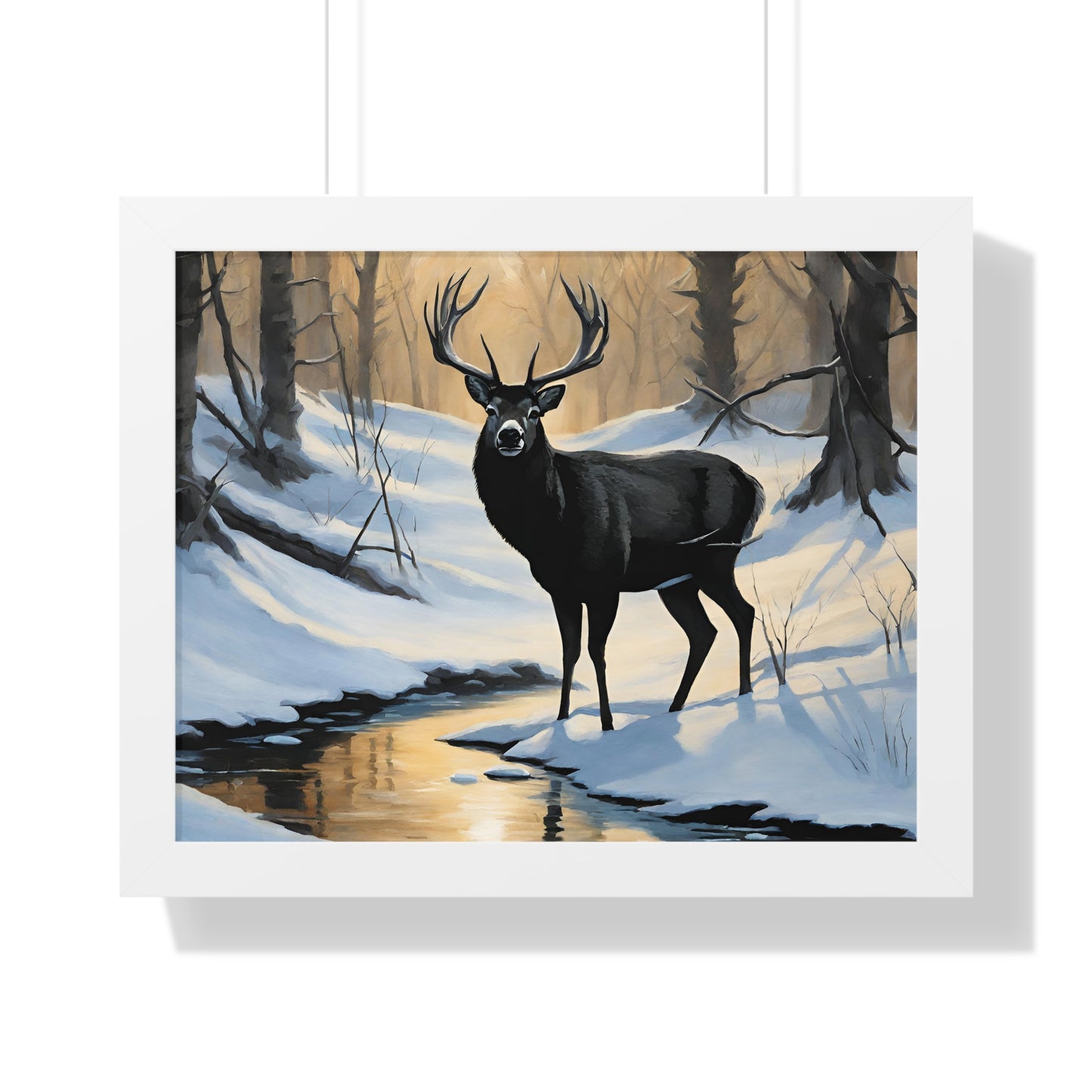 Animal Wall Art, Deer Hunter Picture, Big Buck Print, Woods, Creek, Shadow Wall Hanging, Sunset Snow Image, Living Room Poster, Framed Art