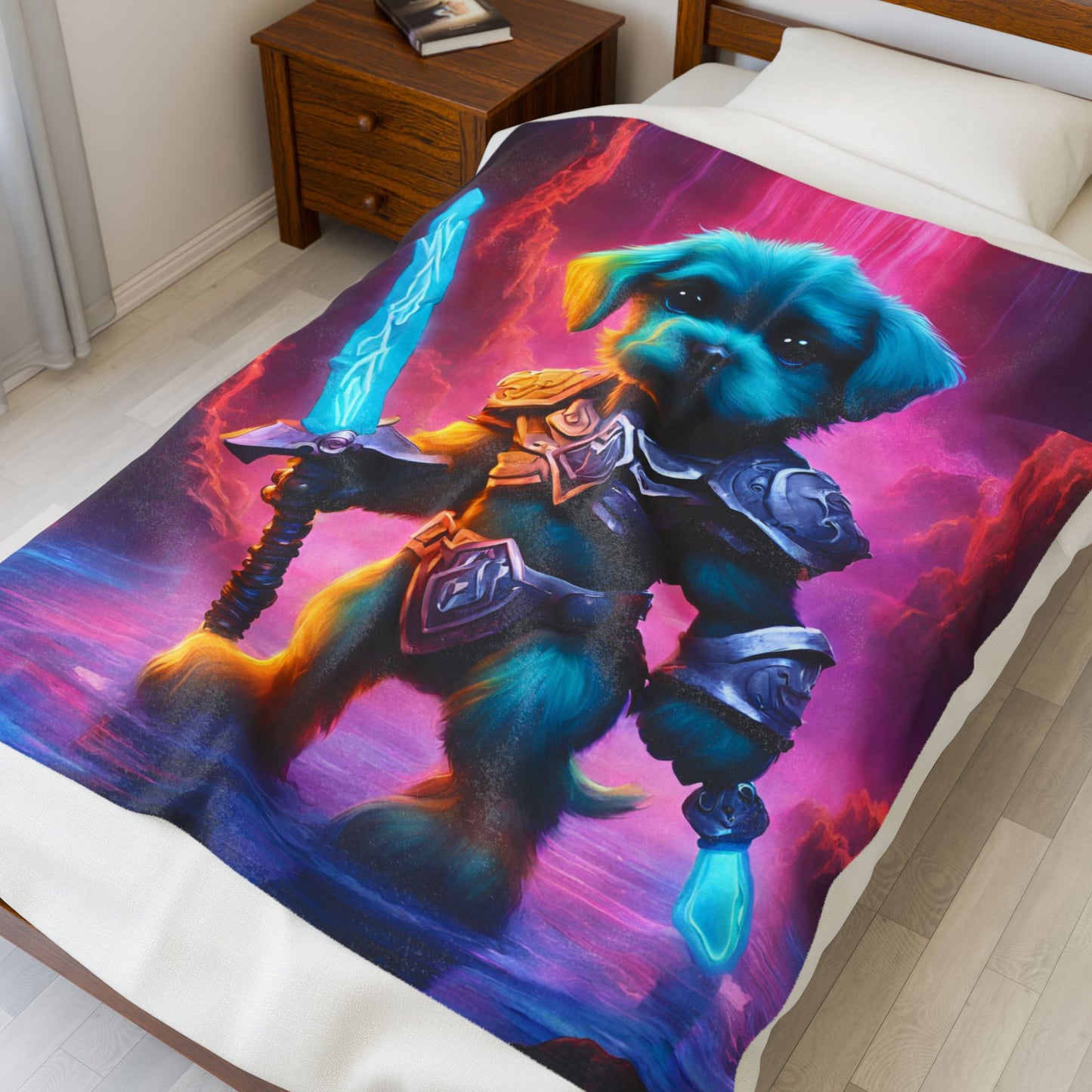 Warrior Puppy Blanket, Waterfall Dog Plush Throw Blanket, Neon Sword Seeker, Armored Pup Bed Cover, Glowing Cave Bedroom Twin Cover