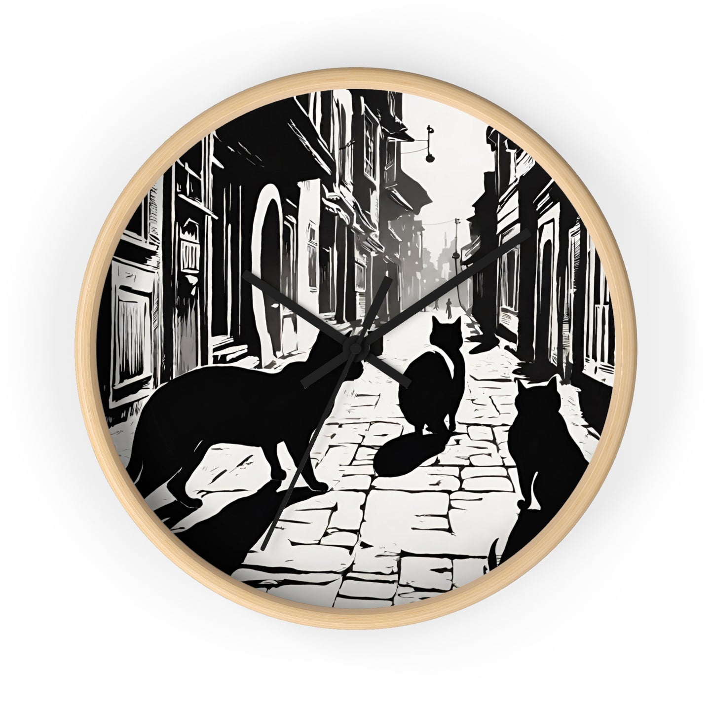 Cat Wall Art Clock | Shadow Feline Figures Town Wall Hanging | Home Office Cat Lovers Gift