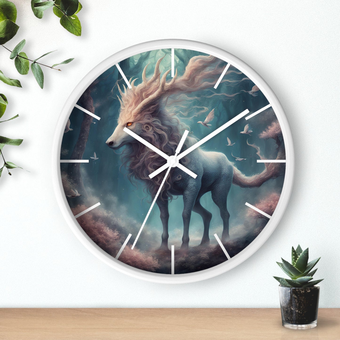 Majestic Myths Art Clock | Floral Flower Forest Horned Horse Wall Hanging | Mystical Maned Goat Fantasy Home Office Decor Gift