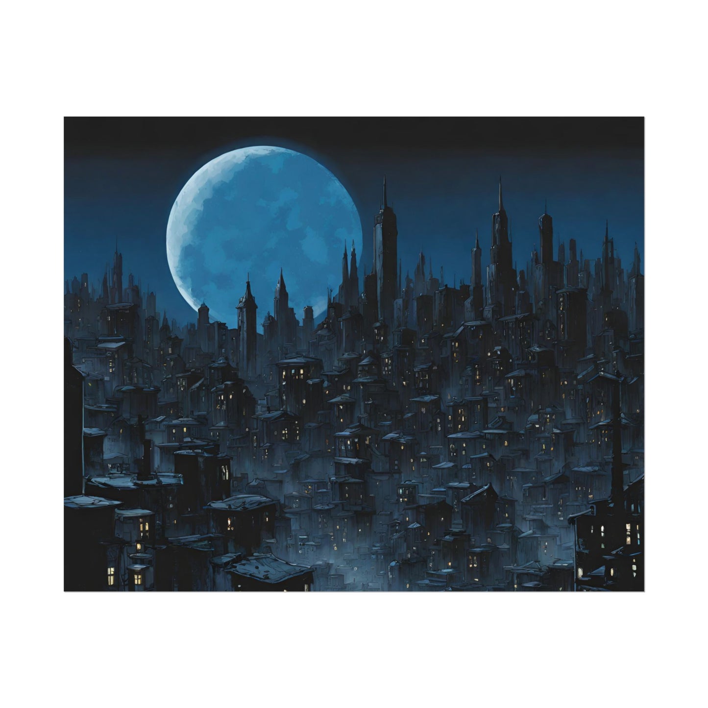 Wall Decor | Dark City Of The Night Poster | Blue Moon Darkness Falls Art | Gothic Lunar Moonlight Skyline | Living Room or Office Decor
