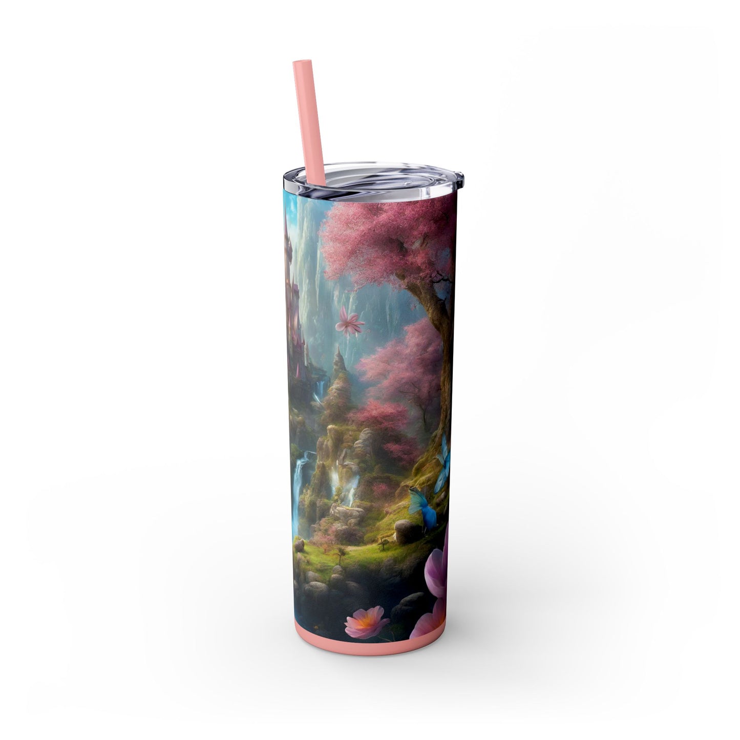 Majestic Dream Fantasy Drinking Tumbler, Flower Blossom Butterflies Castle Cup, Womens Gift Hot Cold Traveler, Exercise Workout Companion