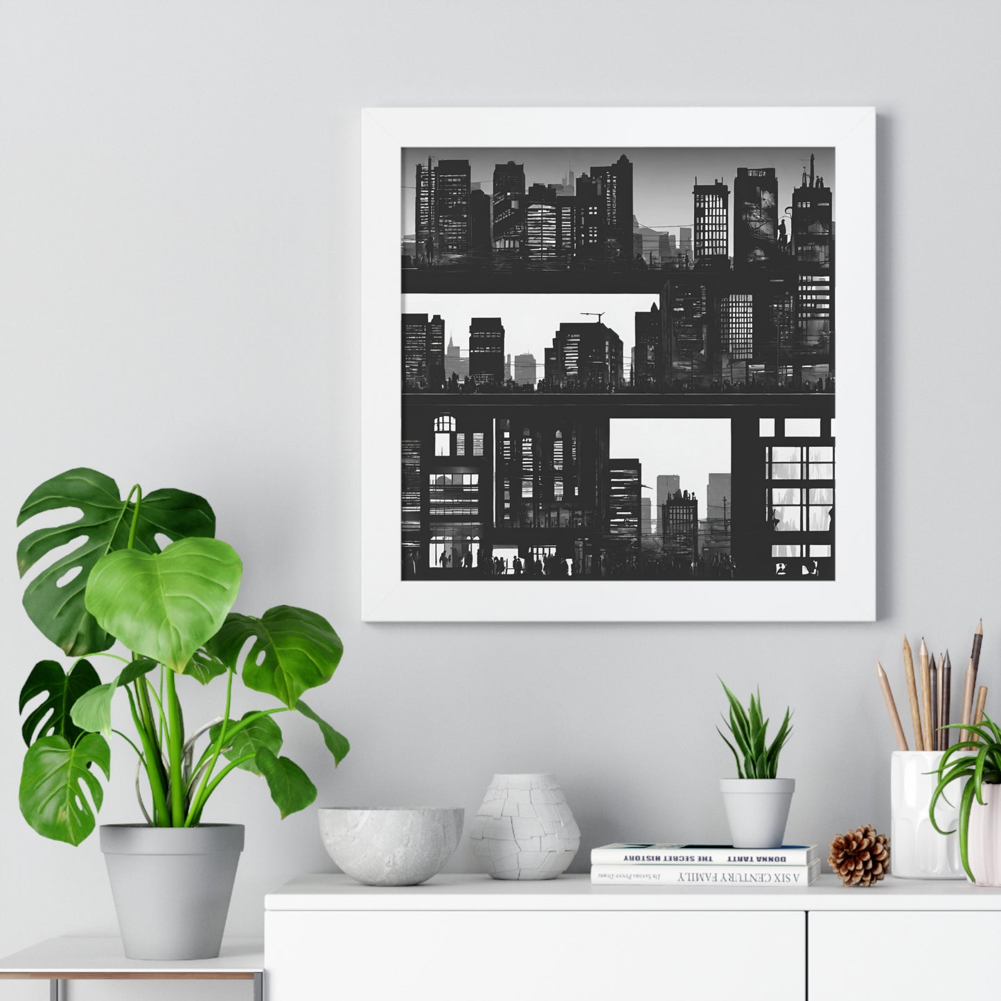 Wall Decor | City Street Panels Framed Poster | Skyline Buildings and Street Levels | Bedroom, Work or Home Office Wall Art Picture