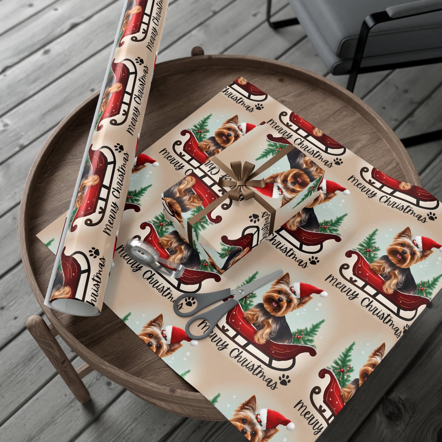 Dog Christmas Wrapping Paper, Yorkshire Terrier Sled Xmas Wrap, Santa Hat Yorkie Gift Wrap, Holiday Gift Wrap Roll