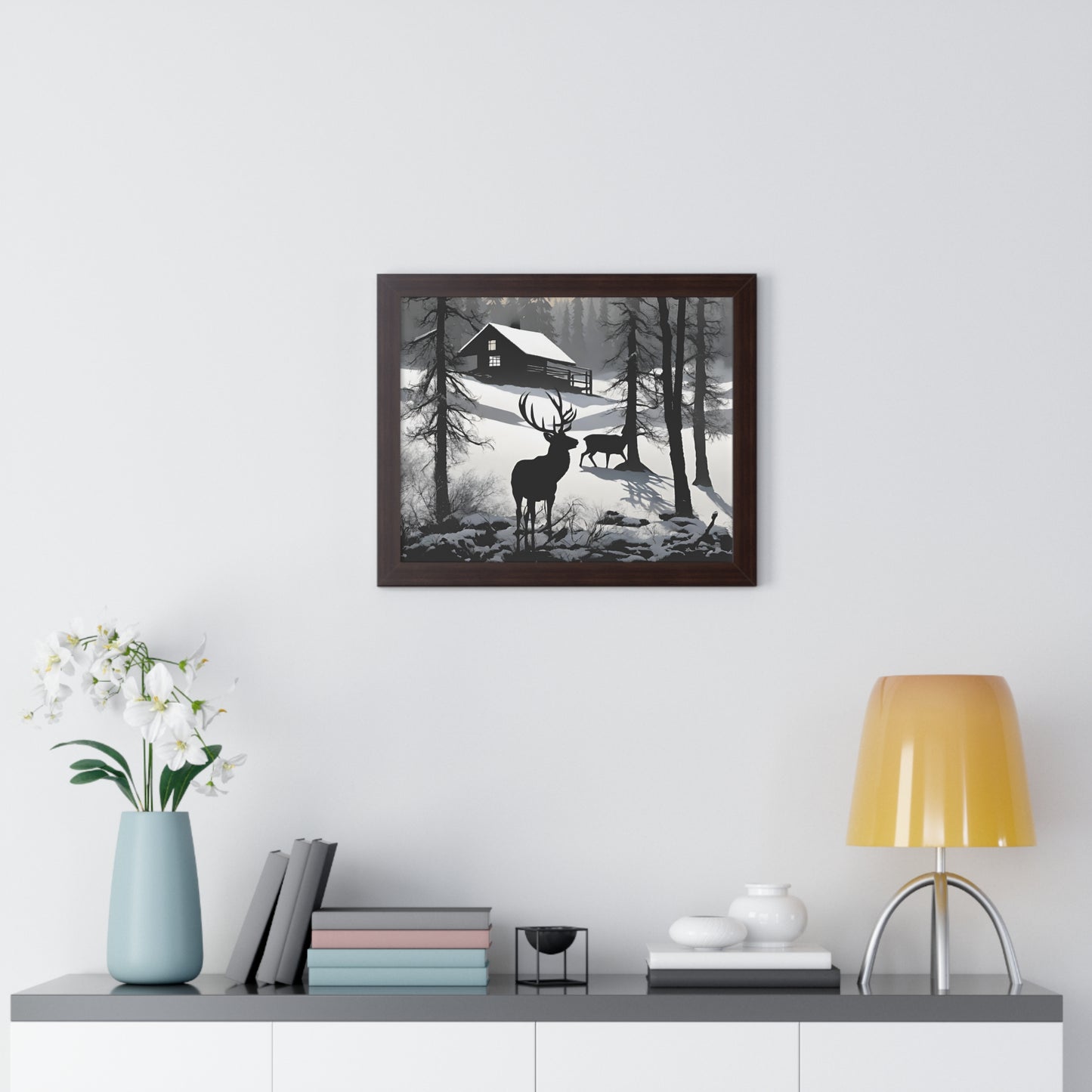 Animal Wall Art, Deer Hunter Picture, Buck Print, Hunting Cabin, Shadow Wall Hanging, Winter Snow Image, Living Room Poster, Framed Art