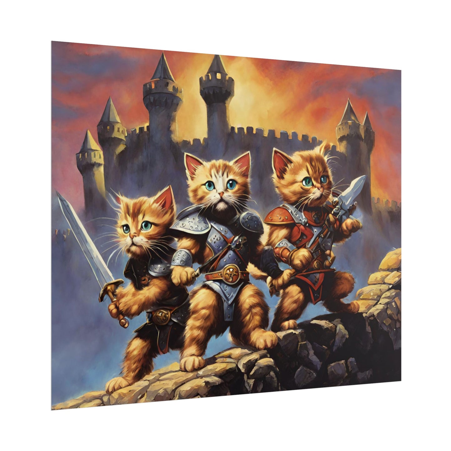 Cat Battler Warrior Poster, Office Bedroom Man Cave Portrait, Sword Wielding Cat Universe, Kitten Fighters Fantasy Wall Hanging