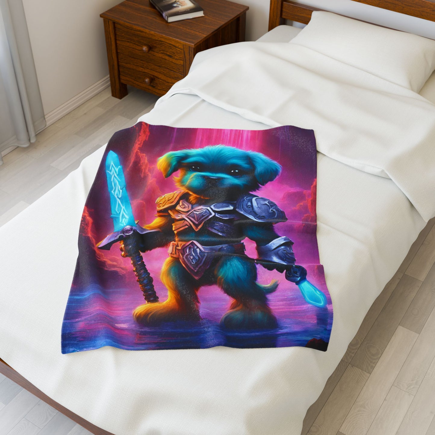 Warrior Puppy Blanket, Waterfall Dog Plush Throw Blanket, Neon Sword Seeker, Armored Pup Bed Cover, Glowing Cave Bedroom Twin Cover
