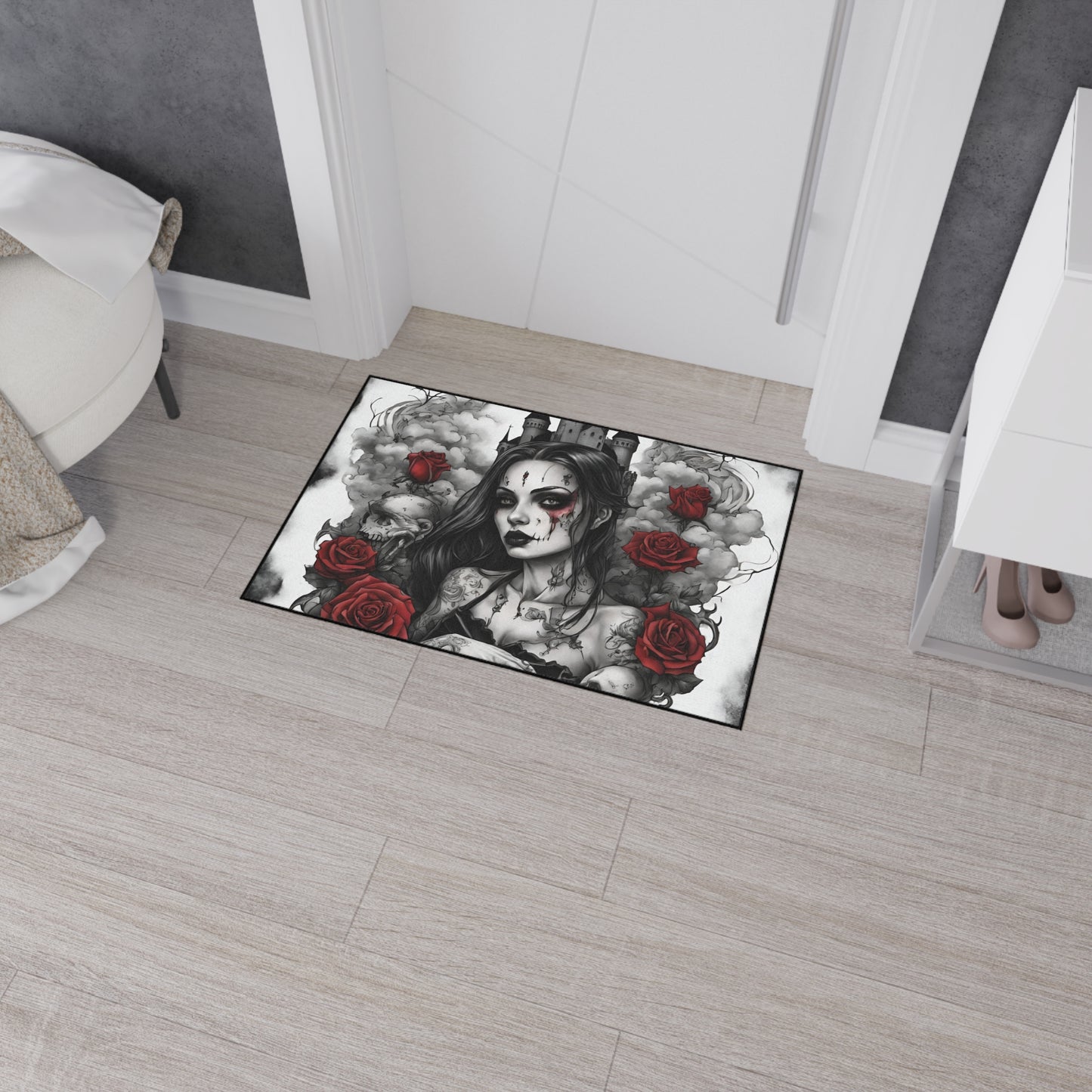 Withering Beauty Floor Mat, Rose Blossom Rug, Skull and Flowers Mat, Cloud Castle Rug