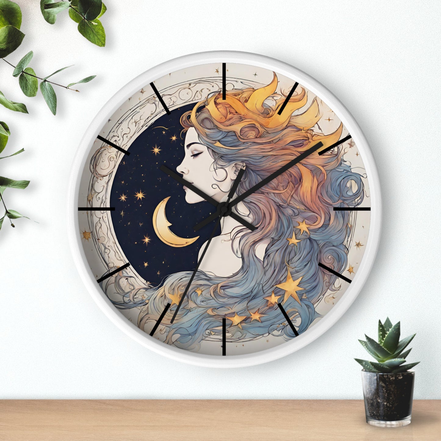 Moon Goddess Lined Wall Art Clock | Lunar Stars & Space Astronomy Wall Hanging | Woman of Time Home Office Solar System Wall Decor Gift