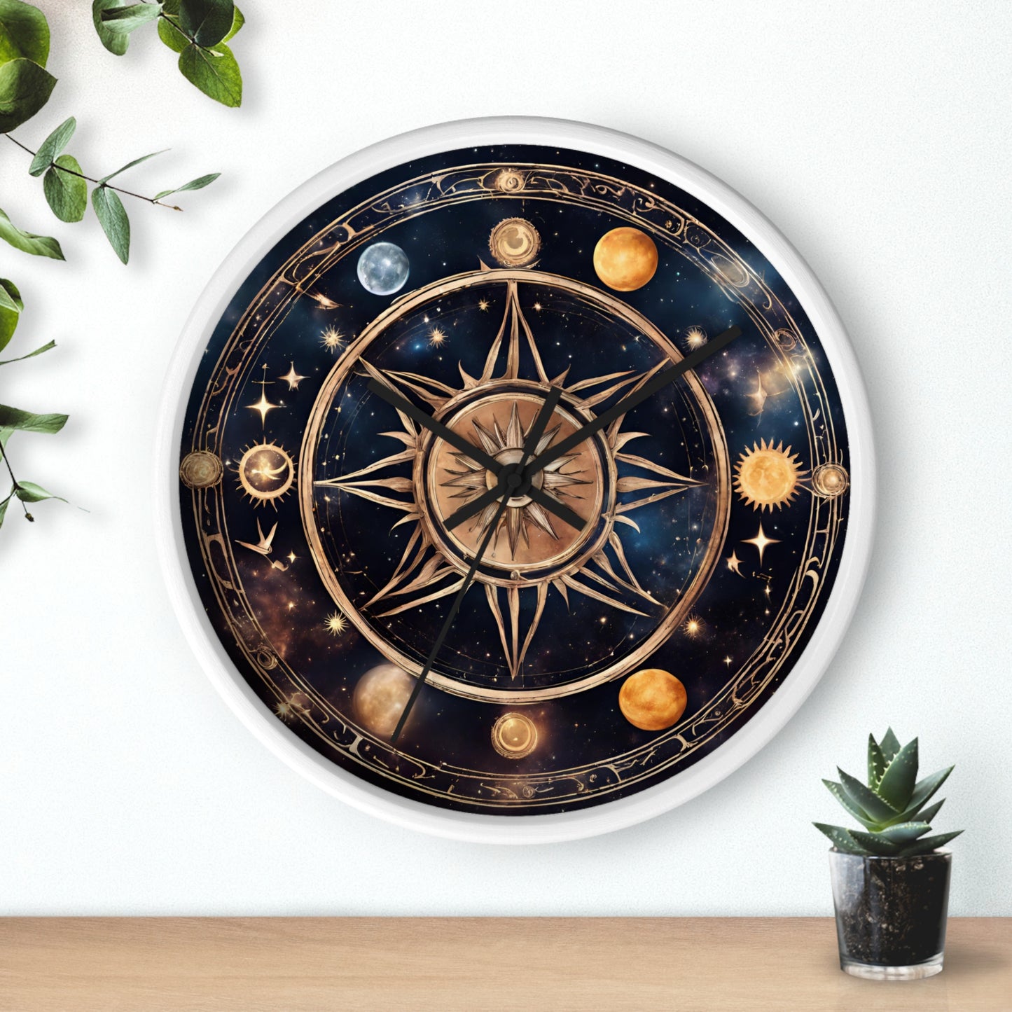 Moon Phases Solstice Star Wall Art Clock | Lunar Cycle Galaxy Astronomy Wall Hanging | Mystical Night Solar System Office Wall Decor Gift