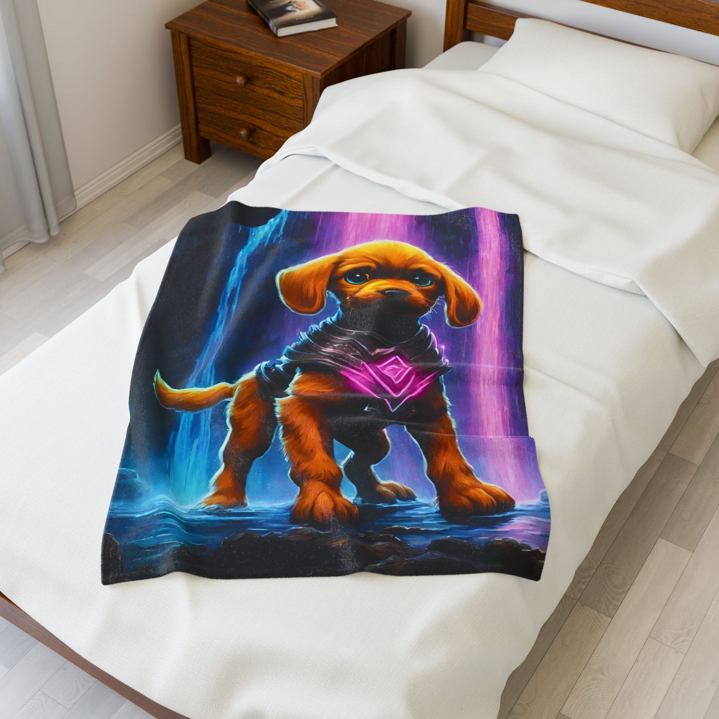 Warrior Puppy Blanket, Waterfall Dog Plush Throw Blanket, Cosmic Neon Armored Pup Bed Cover, Glowing Cave Bedroom Twin Cover