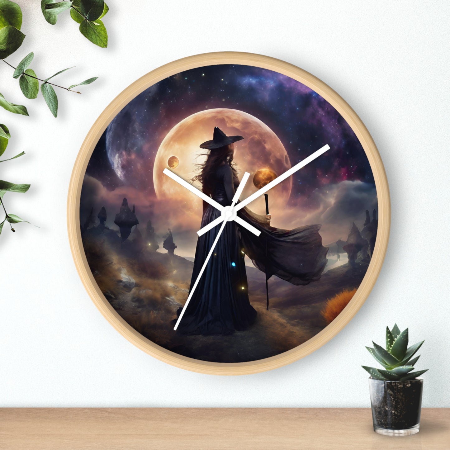 Wiccan Moon Wall Art Clock | Mystical Fantasy Galaxy Witch Pagan Astronomy Wall Hanging | Home Office Lunar Witchcraft Wall Decor Gift