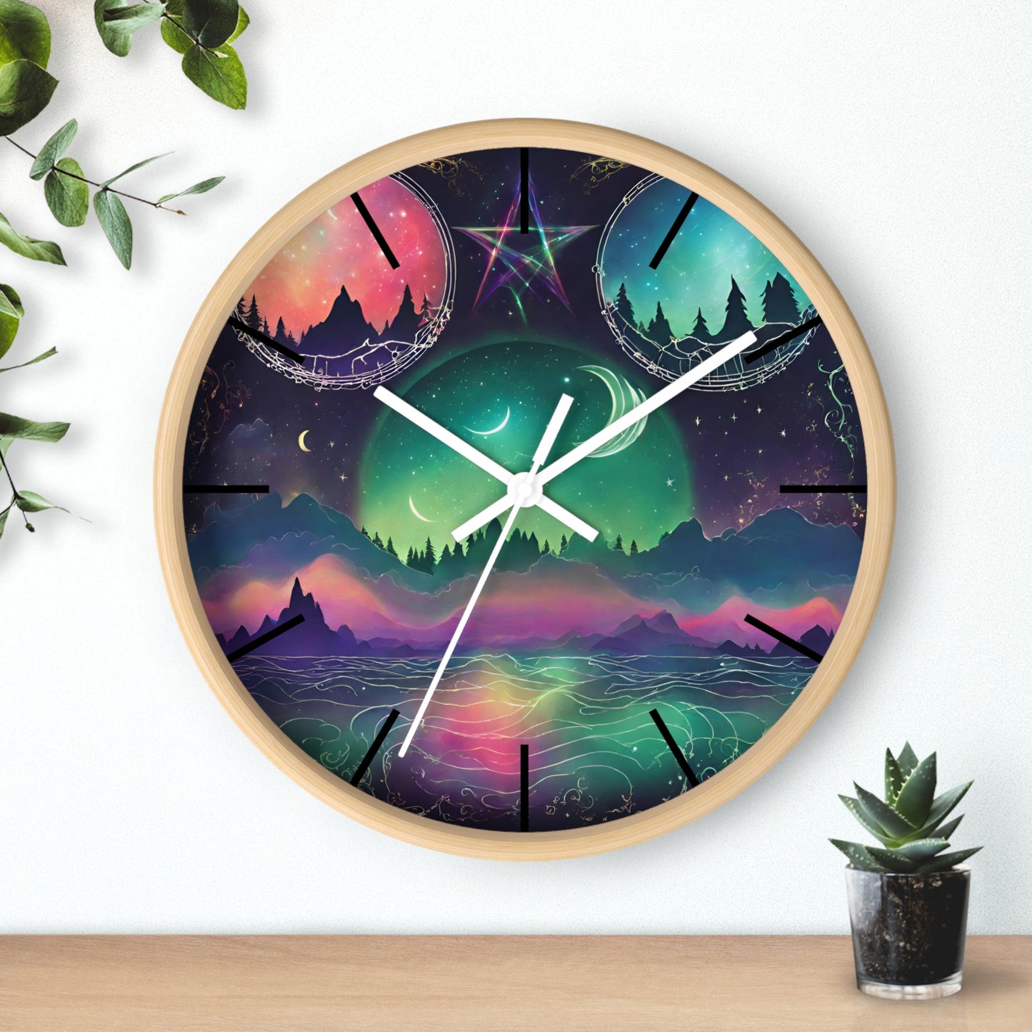 Moonlight Mountains Wall Clock | Aurora Borealis Astronomy Star Moons Constellations Office Decor Gift, Solar System Home Hanging Unique Art