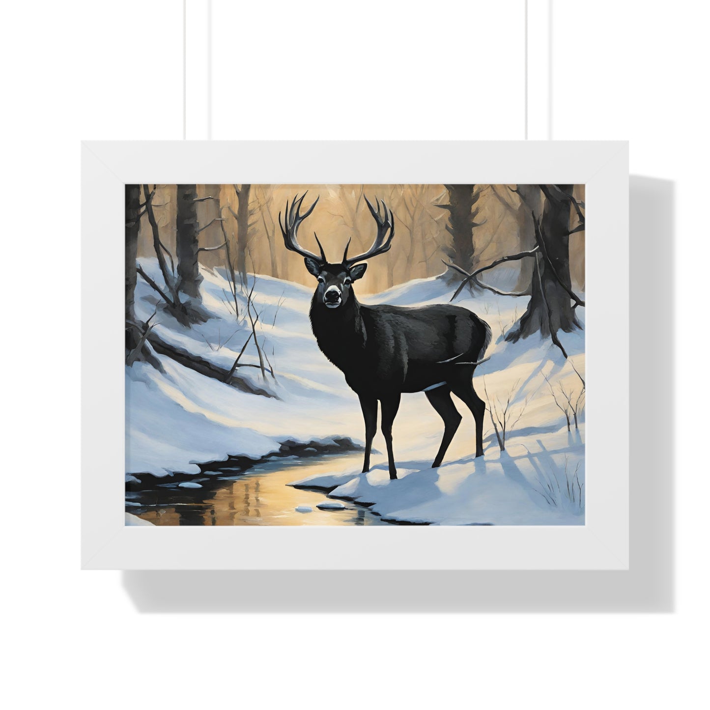 Animal Wall Art, Deer Hunter Picture, Big Buck Print, Woods, Creek, Shadow Wall Hanging, Sunset Snow Image, Living Room Poster, Framed Art
