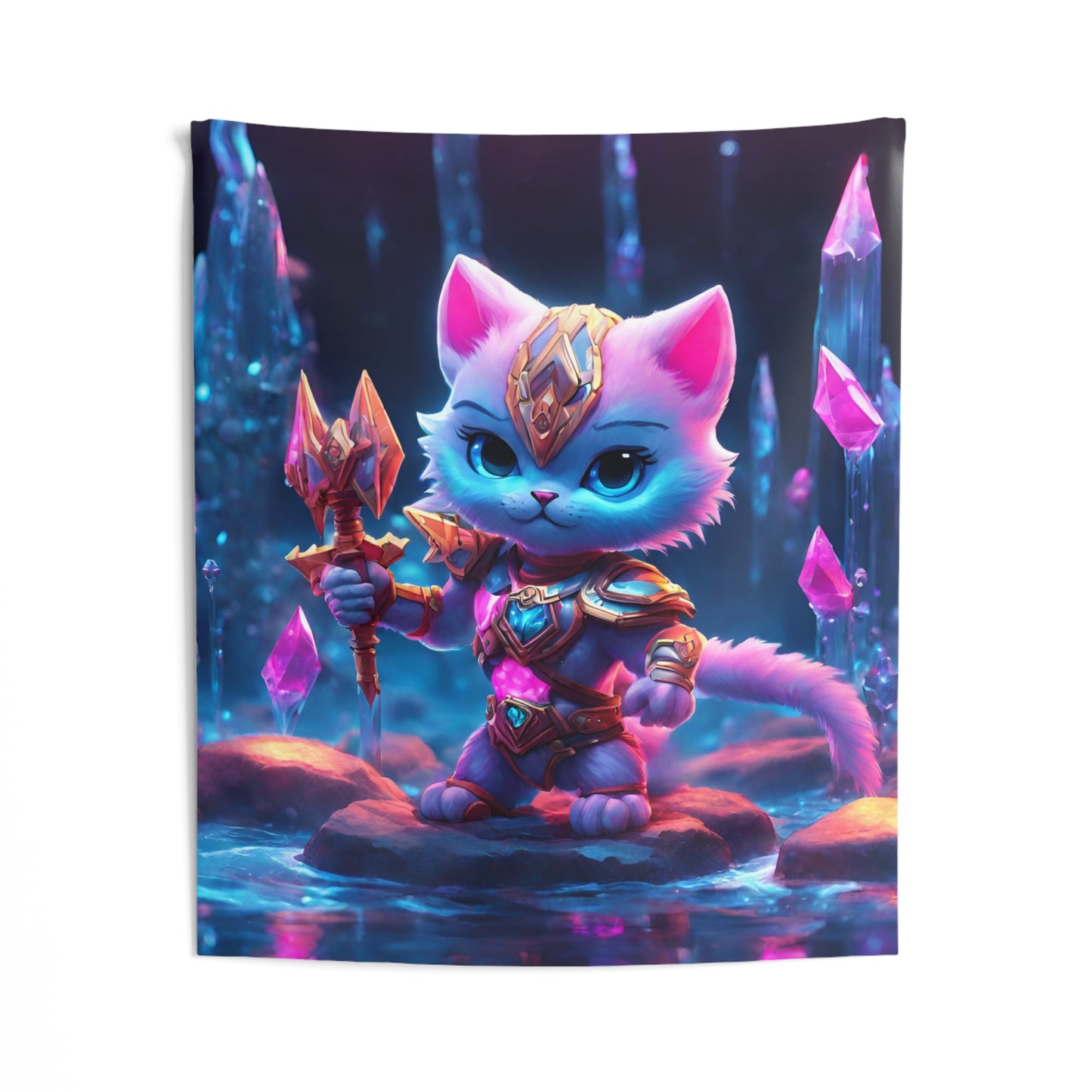 Warrior Cat Crystal Cavern Tapestry, White Armored Kitten Golden Weapon Wall Hanging, Pink Rock Mystical Cave River Graphic Tapestry