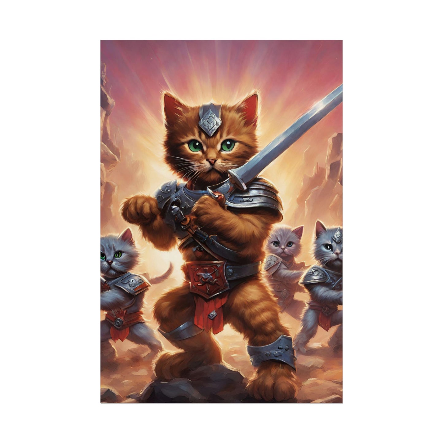 Cat Battler Warrior Poster, Office Child Bedroom Man Cave Portrait, Sword Wielding Cat Universe, Kitten Fighters Fantasy Wall Hanging