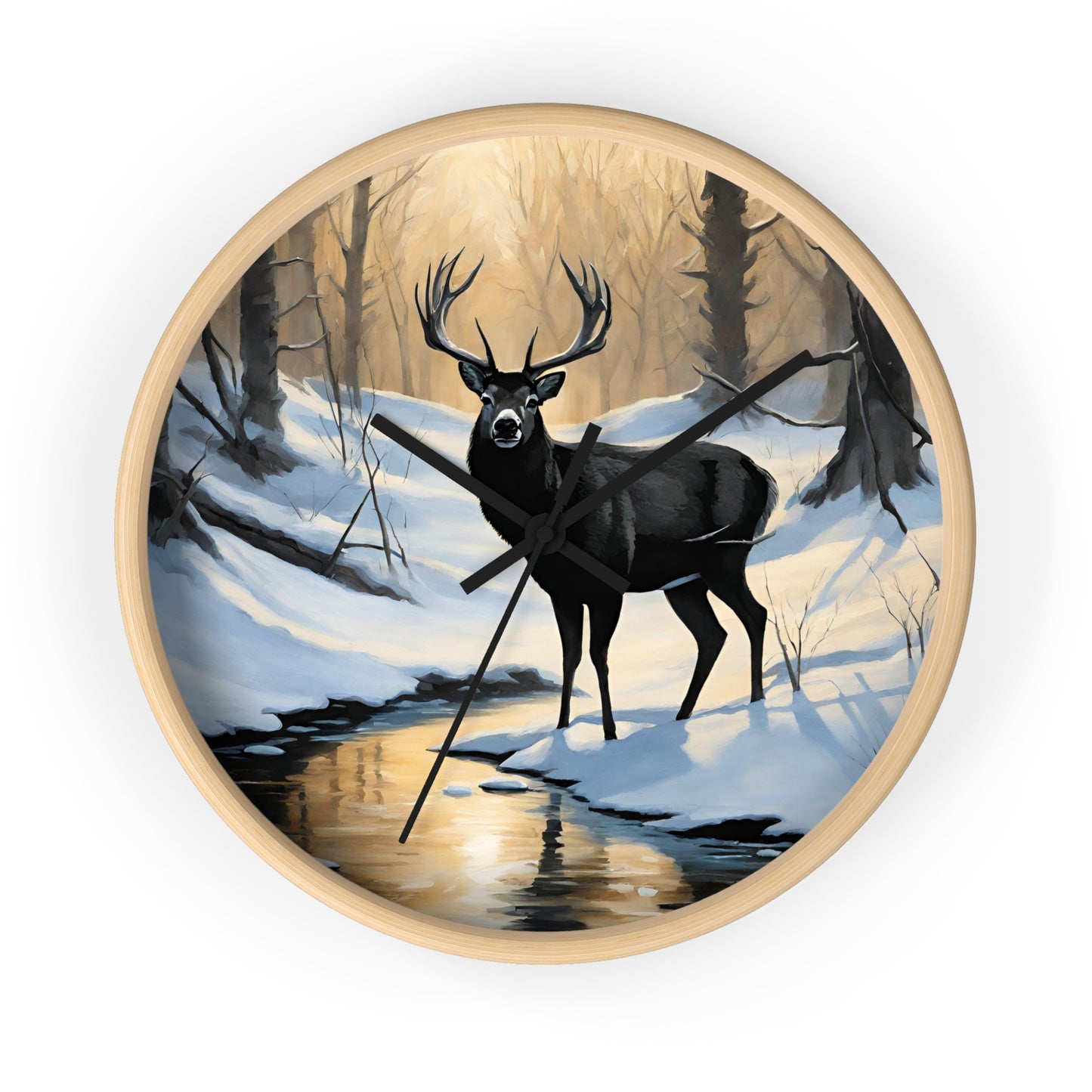 Big Buck Deer Wall Art Clock | Winter Nature Scene Snowy Creek Wall Hanging | Home Office Deer Hunter Lovers Gift