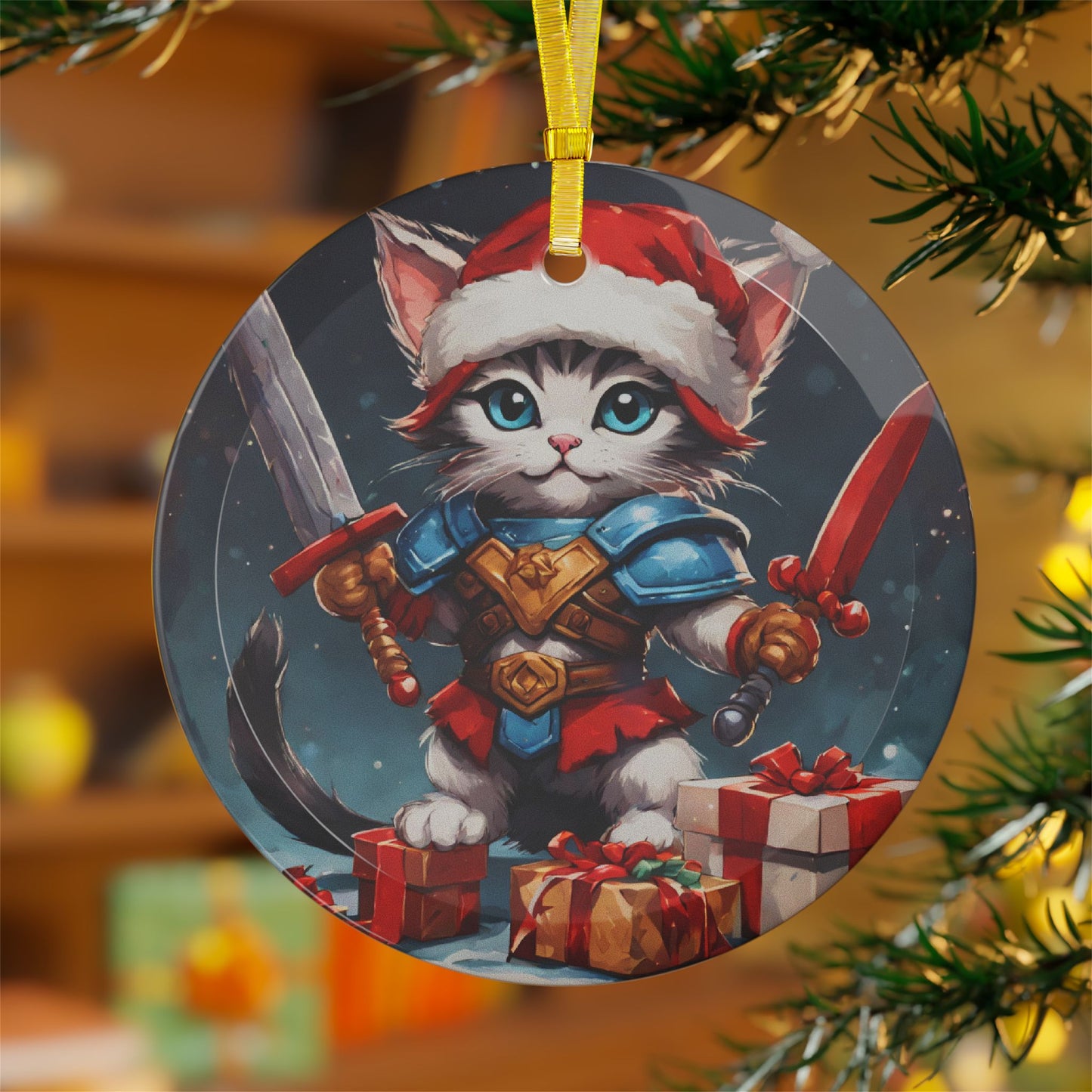 Kitten Christmas Ornament, Holiday Tree Decoration, Adorable Cat Gift, Round Glass Keepsake, KITTEN WARRIOR