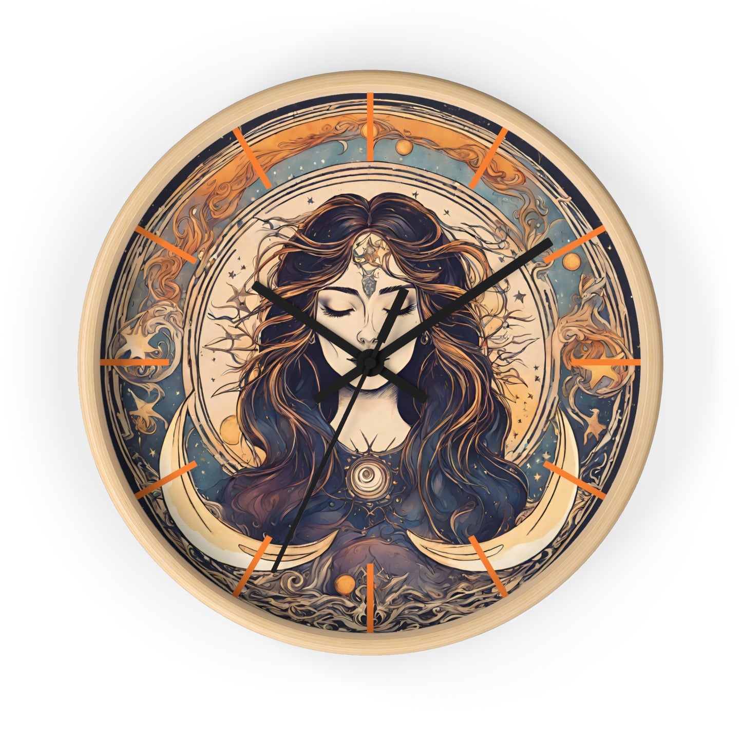 Sun & Moon Goddess Wall Art Clock | Lunar Stars and Space Astronomy Wall Hanging | Keeper of Time Home Office Solar System Wall Decor Gift