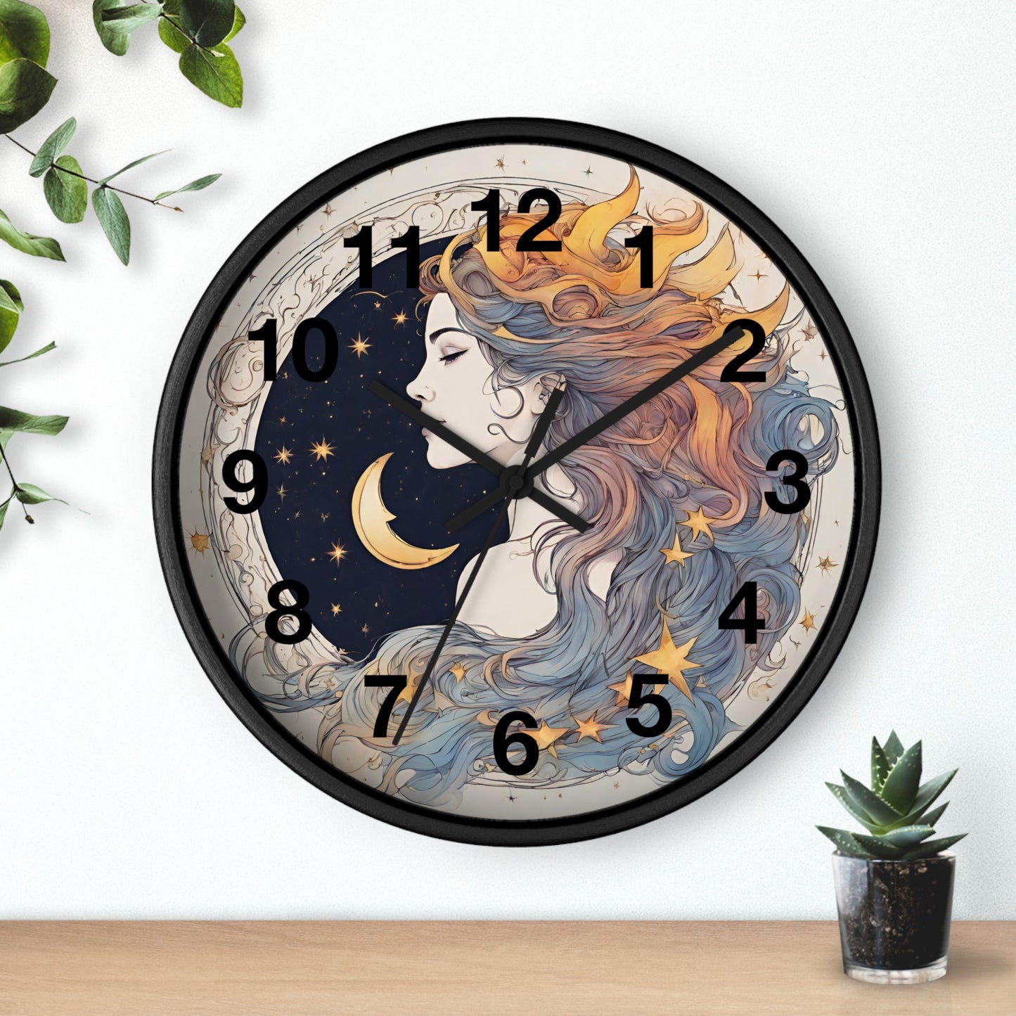 Moon Goddess Numbered Wall Art Clock | Lunar Stars & Space Astronomy Wall Hanging | Woman of Time Home Office Solar System Wall Decor Gift