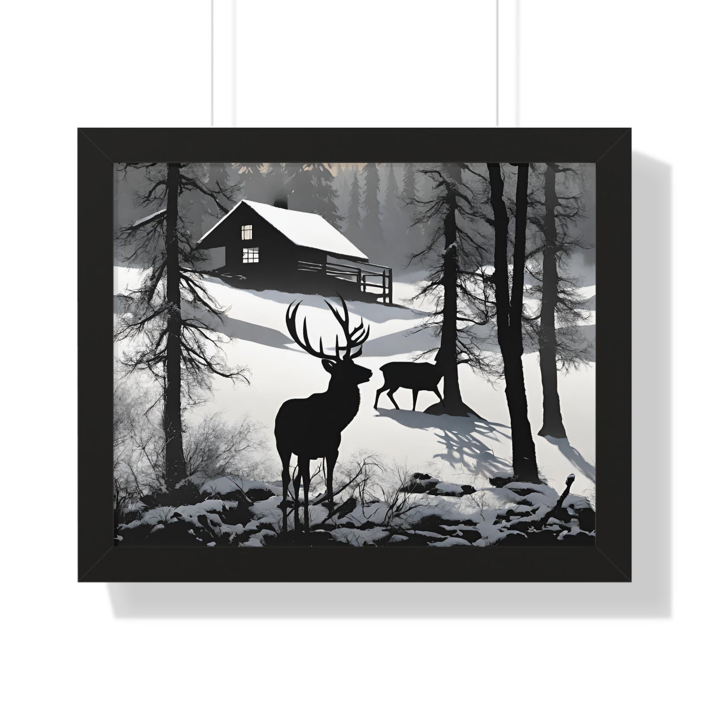 Animal Wall Art, Deer Hunter Picture, Buck Print, Hunting Cabin, Shadow Wall Hanging, Winter Snow Image, Living Room Poster, Framed Art