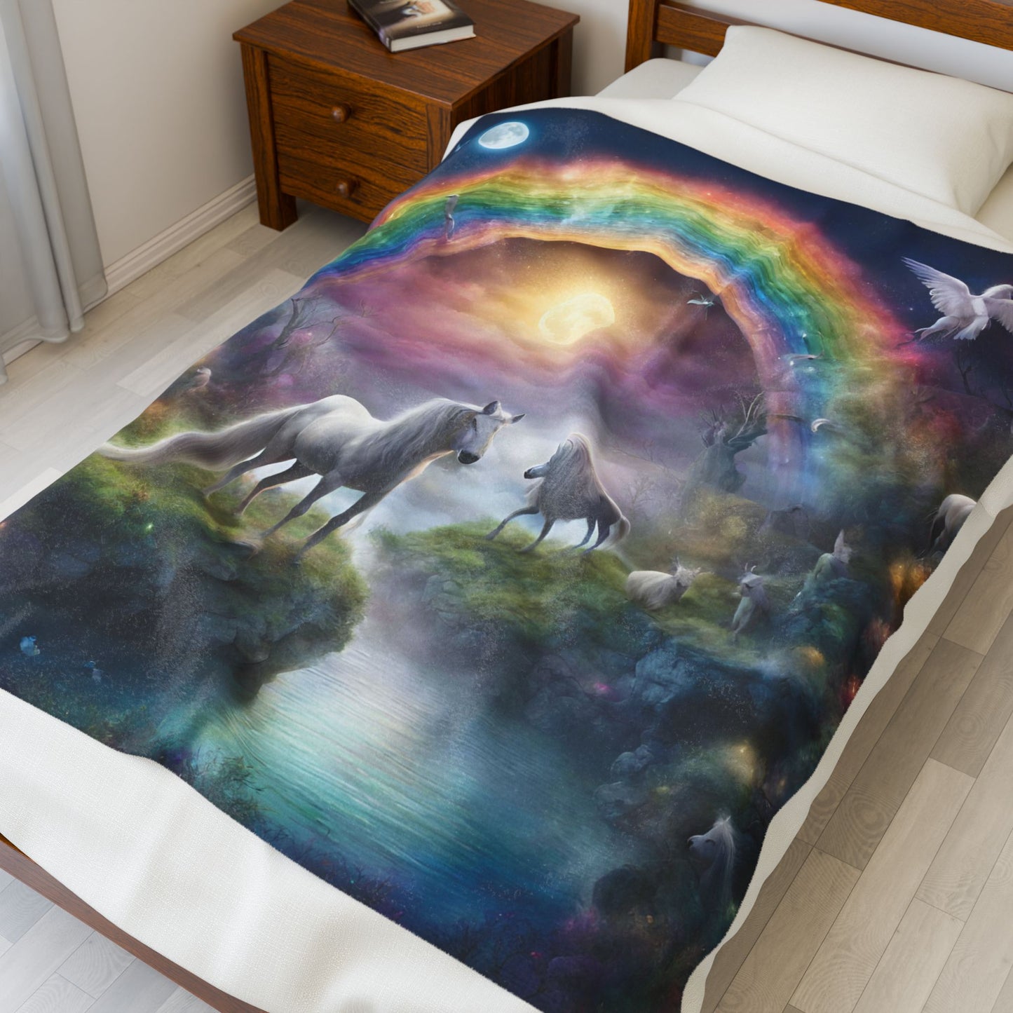 Girls Rainbow Blanket, Mystical Horse Girls Christmas Gift, Moonlight Fantasy Dreams Toddler Childrens Bed Blanket