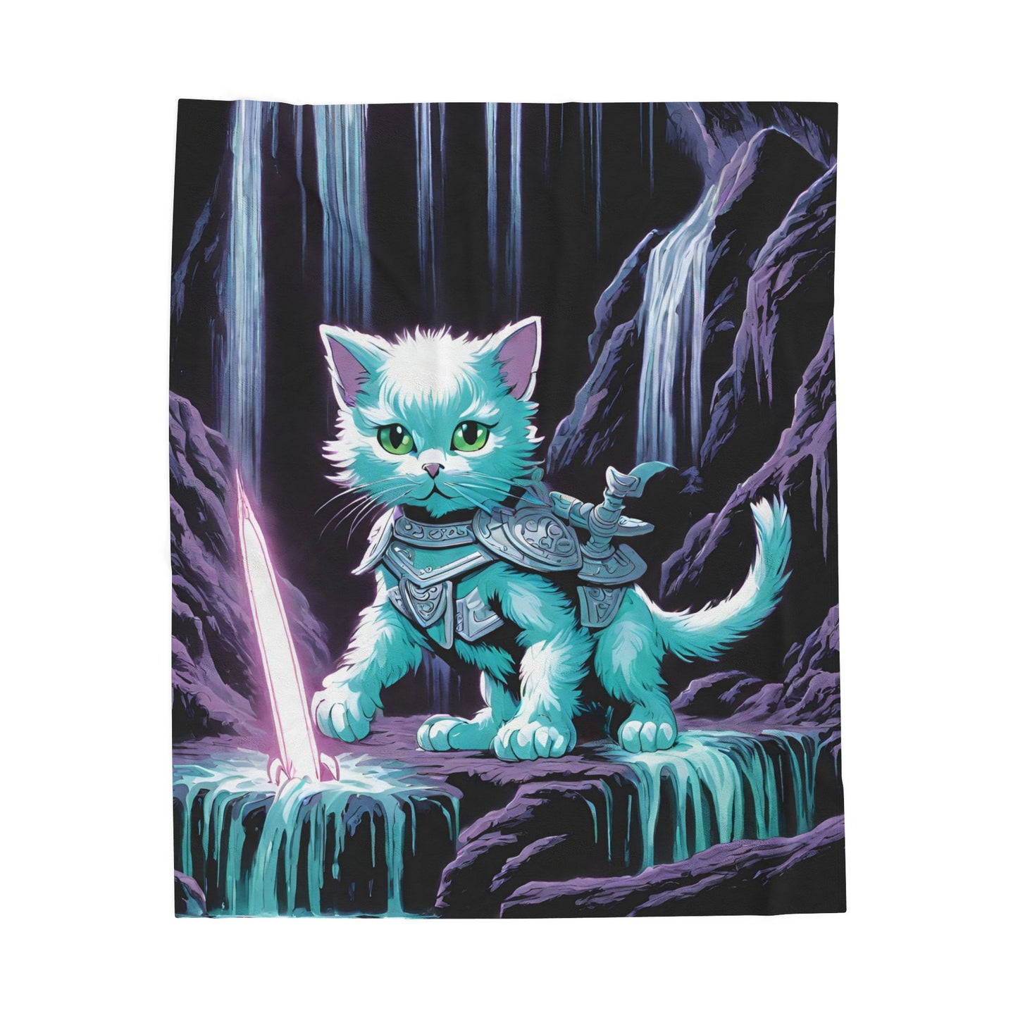 Warrior Cat Blanket, Waterfall Cat Plush Throw Blanket, Neon Sword Seeker, Armored Kitty Bed Cover, Glowing Cave Bedroom Twin Cover
