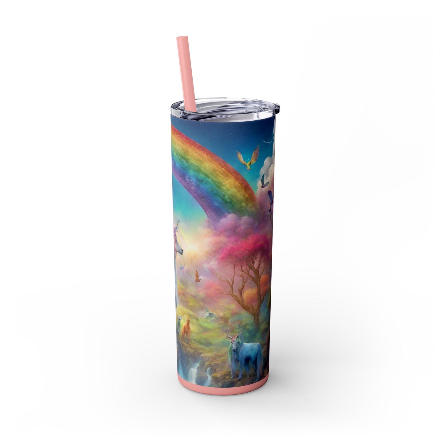 Girls Rainbow Unicorn Tumbler, Skinny Drinking Hot Cold Traveler, Mystical Fantasy Liquid Cup