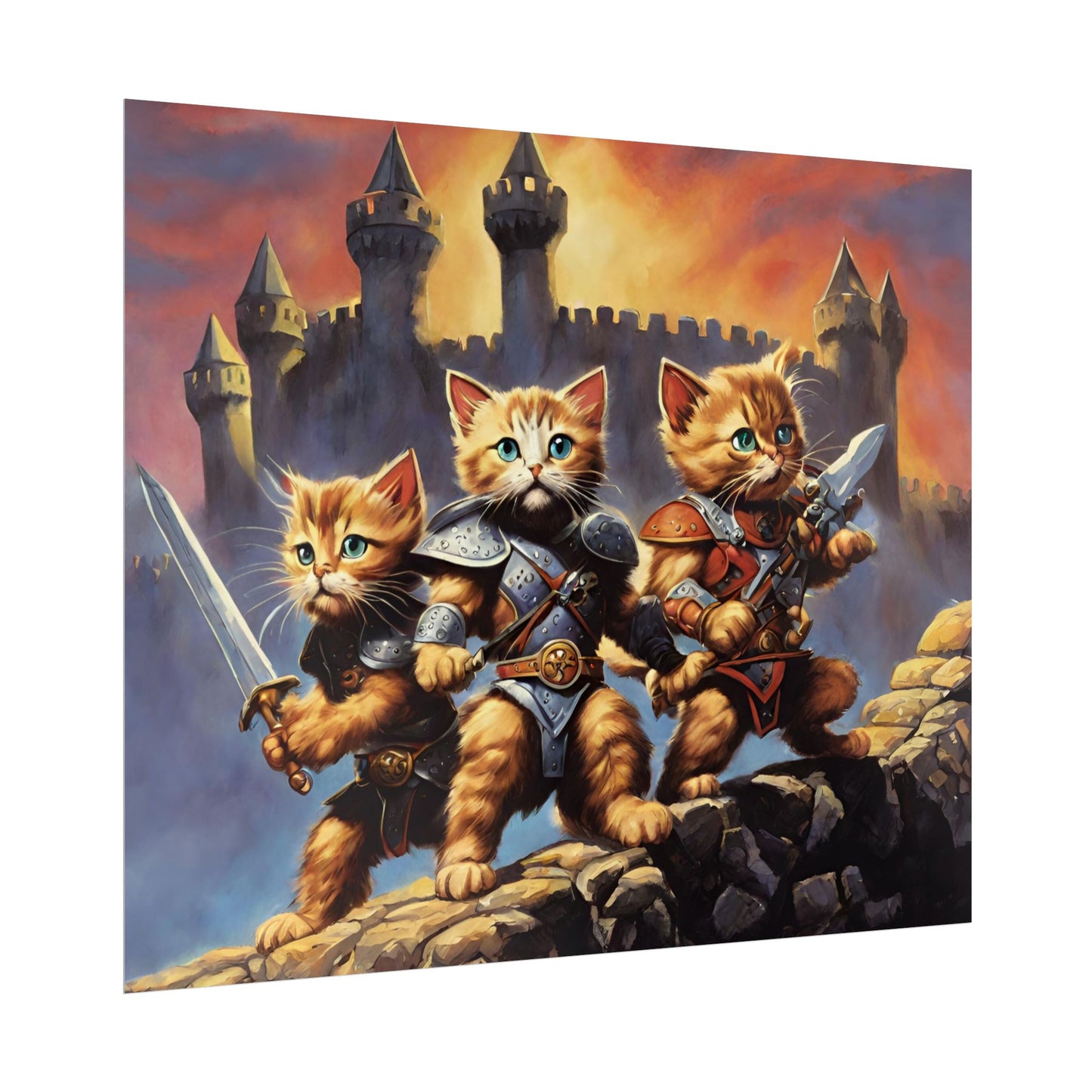 Cat Battler Warrior Poster, Office Bedroom Man Cave Portrait, Sword Wielding Cat Universe, Kitten Fighters Fantasy Wall Hanging
