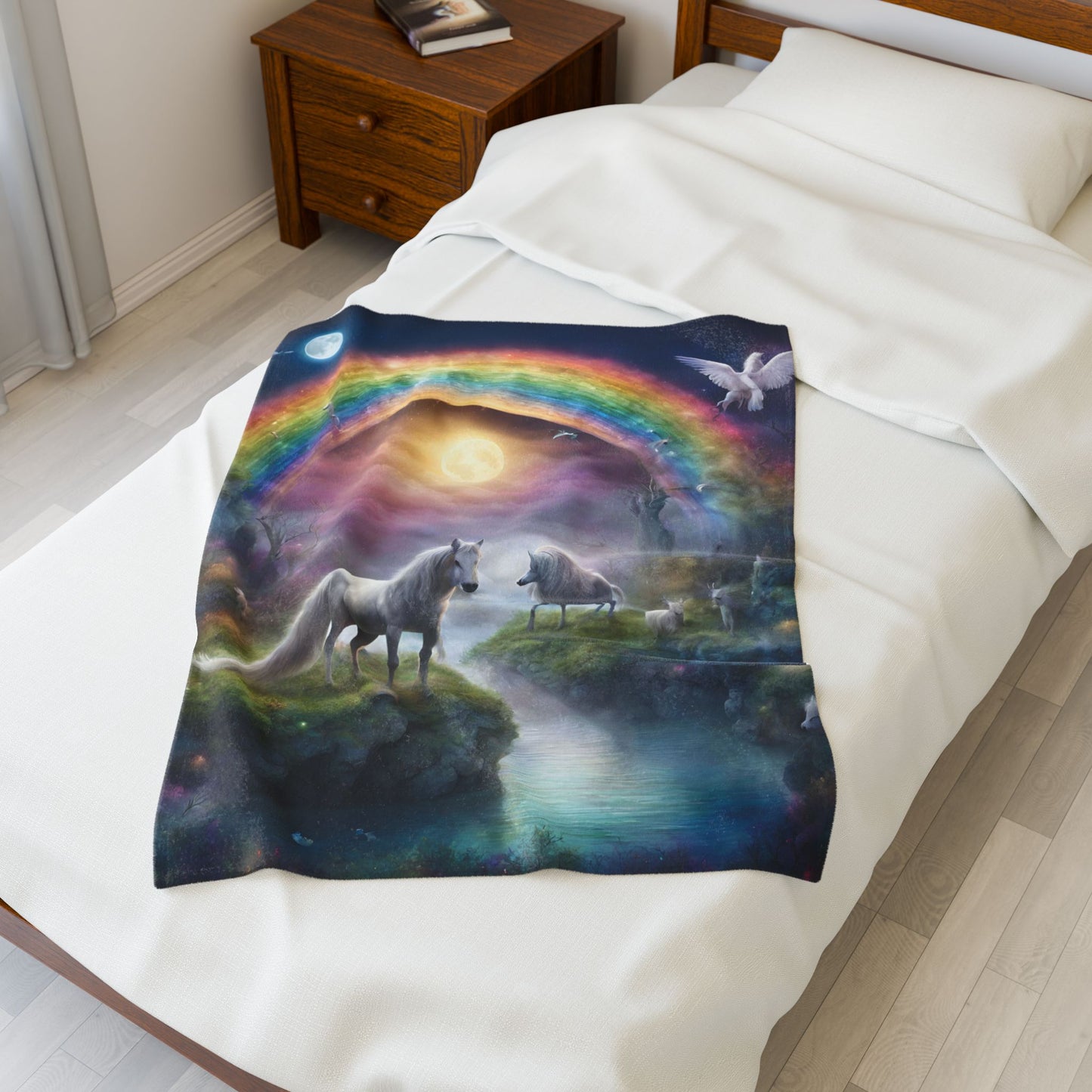 Girls Rainbow Blanket, Mystical Horse Girls Christmas Gift, Moonlight Fantasy Dreams Toddler Childrens Bed Blanket