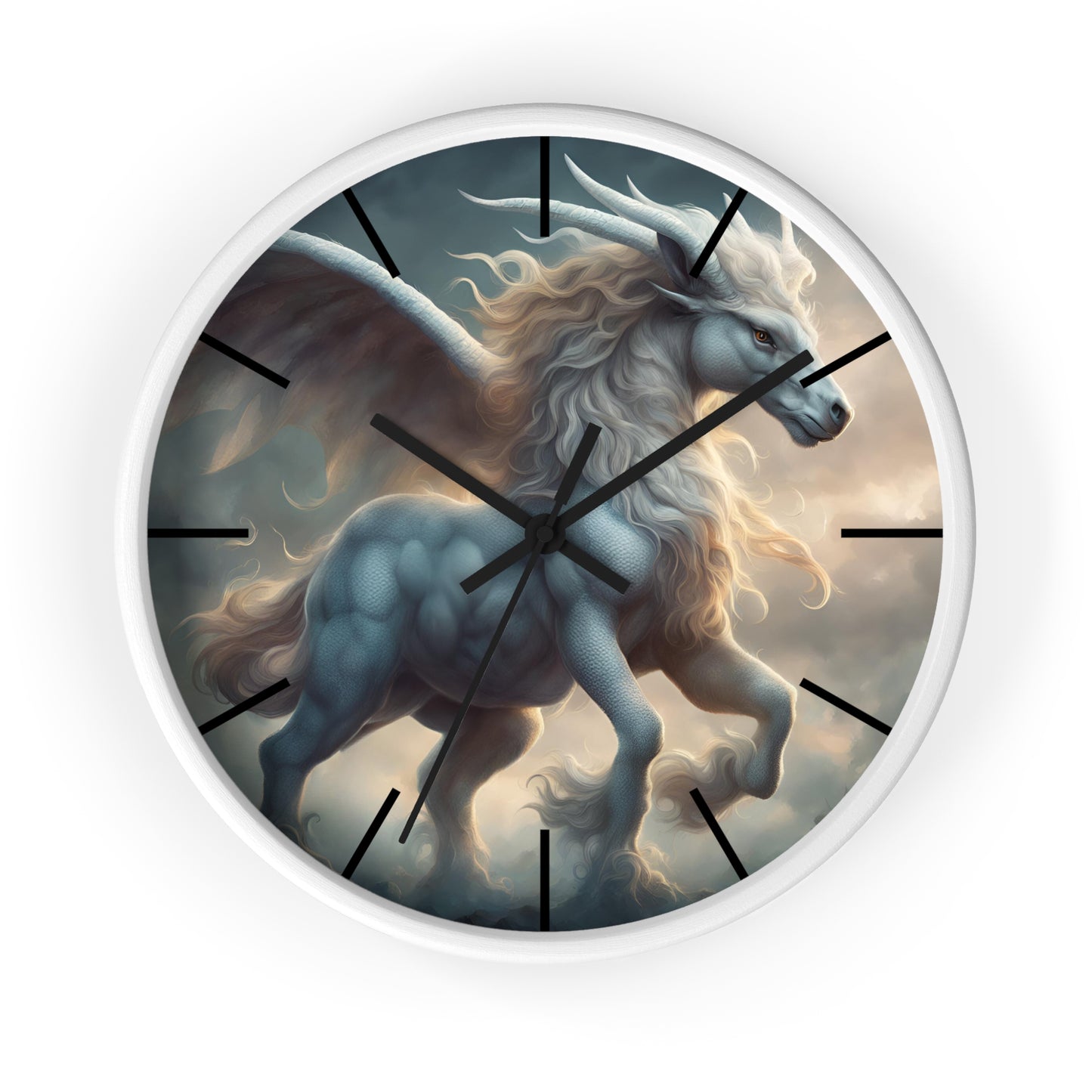 Majestic Myths Art Clock | Pegasus Horned Winged Horse Wall Hanging | Mystical Cloud Sky Fantasy Home Office Decor Gift