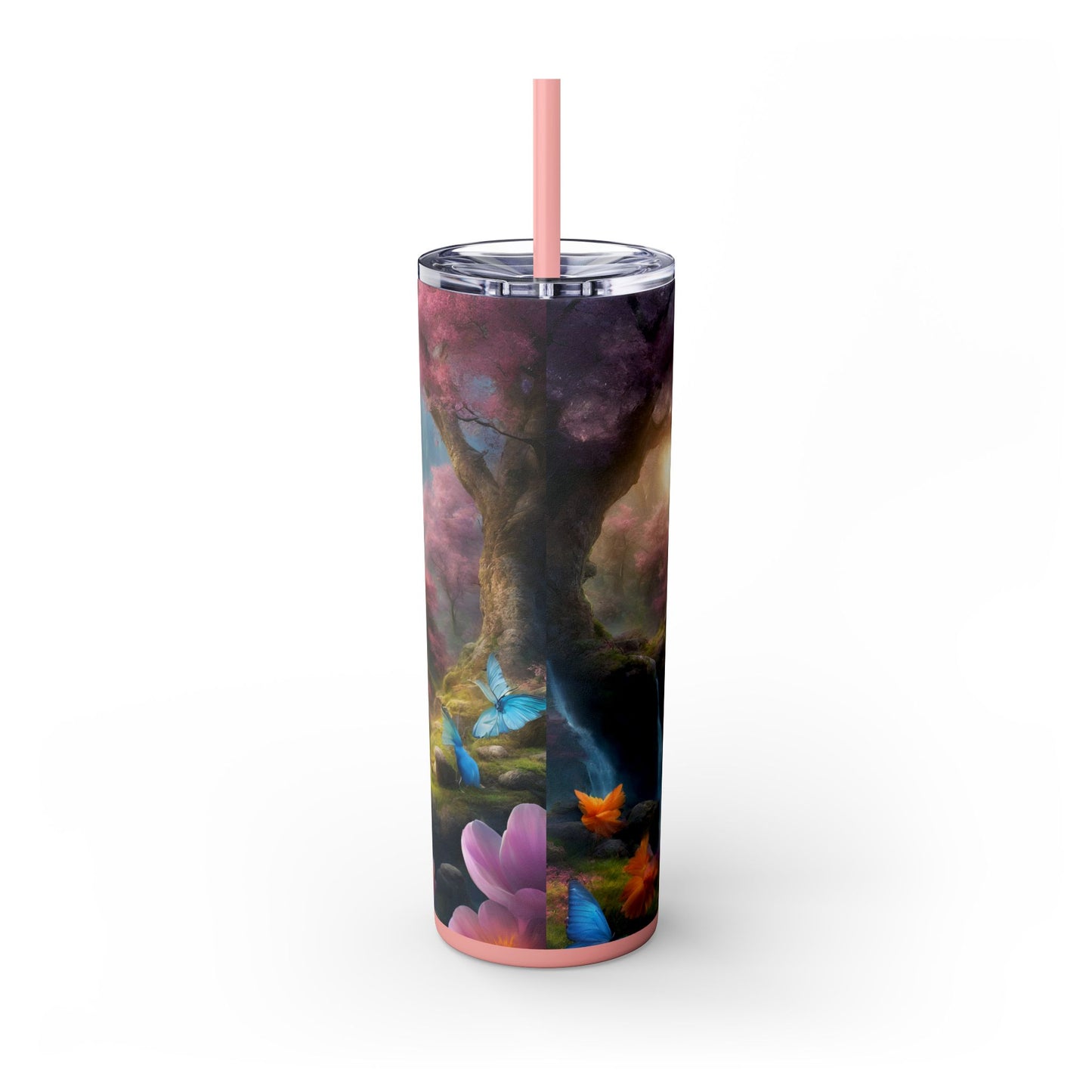 Majestic Dream Fantasy Drinking Tumbler, Flower Blossom Butterflies Castle Cup, Womens Gift Hot Cold Traveler, Exercise Workout Companion