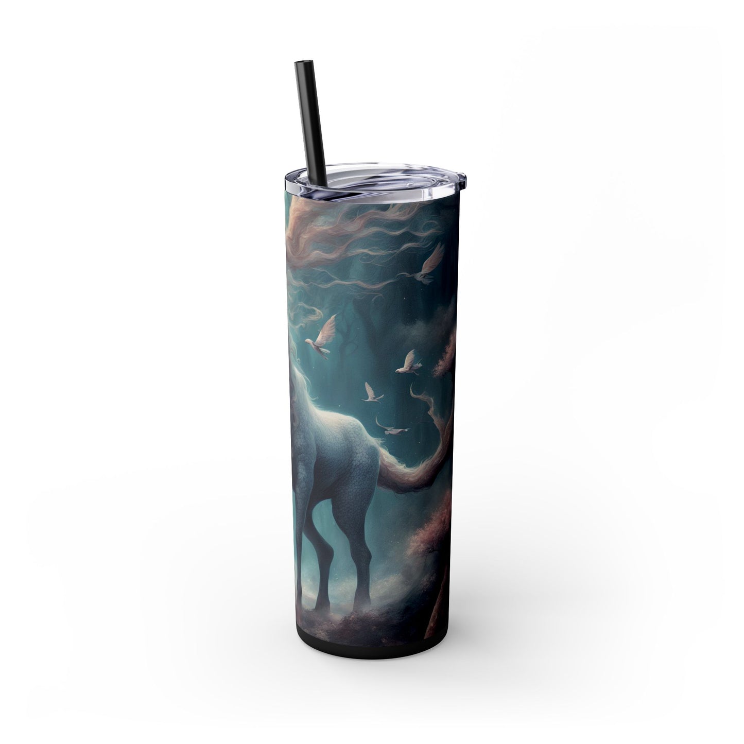 Majestic Myths Skinny Tumbler | Floral Flower Forest Horned Horse Insulated Cup | Mystical Maned Goat Fantasy Drink Travel Exercise Gift