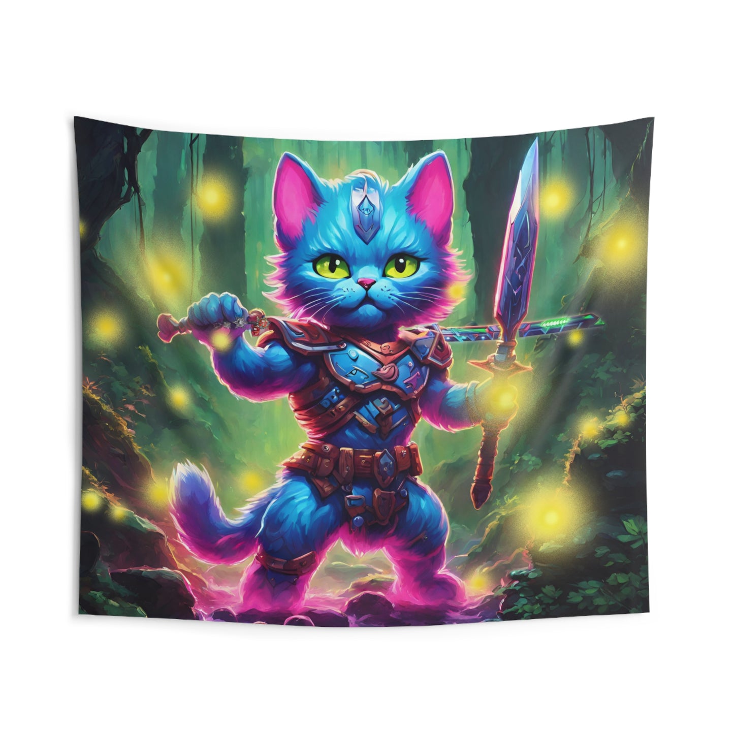 Warrior Cat Firefly Art Tapestry, Blue Armored Kitten Glowing Forest Wall Hanging, Pink Glowing Stone Creek Mystical Bed & Game Room Gift