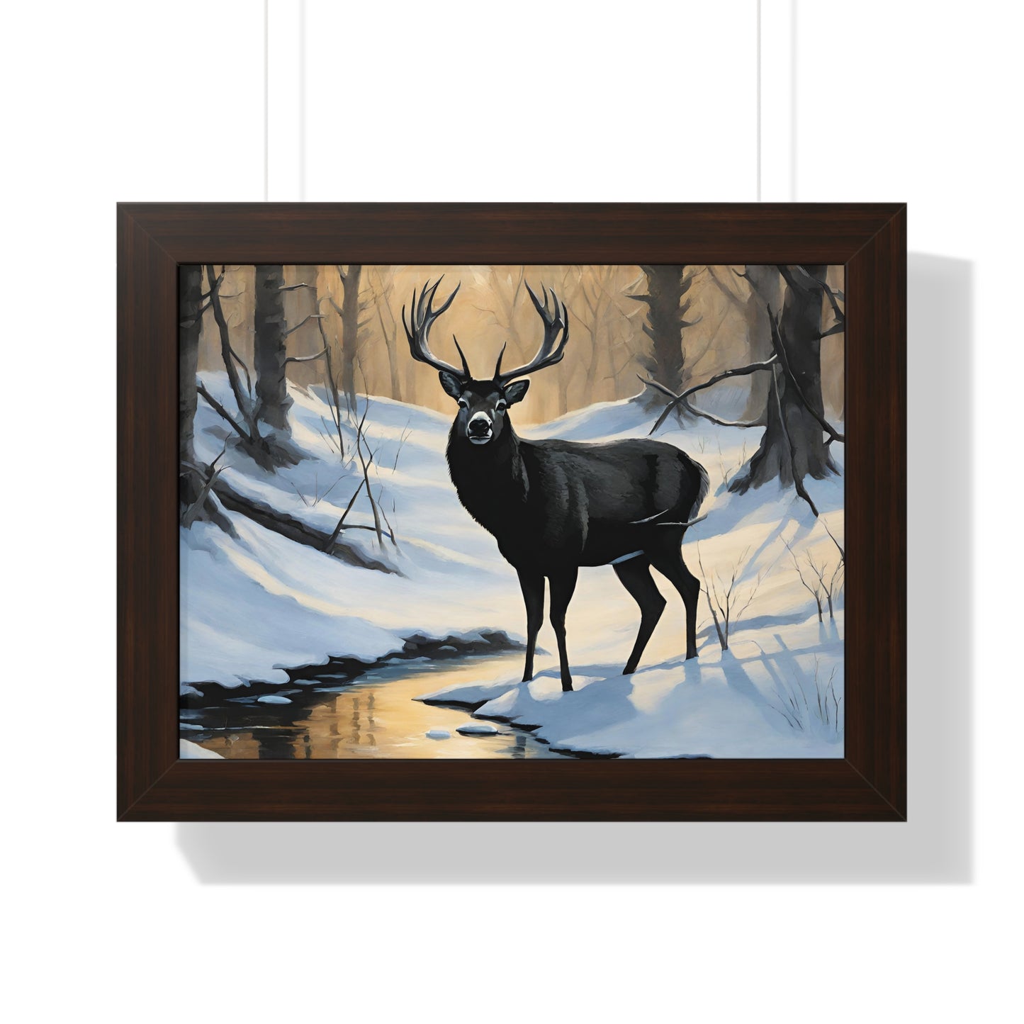Animal Wall Art, Deer Hunter Picture, Big Buck Print, Woods, Creek, Shadow Wall Hanging, Sunset Snow Image, Living Room Poster, Framed Art