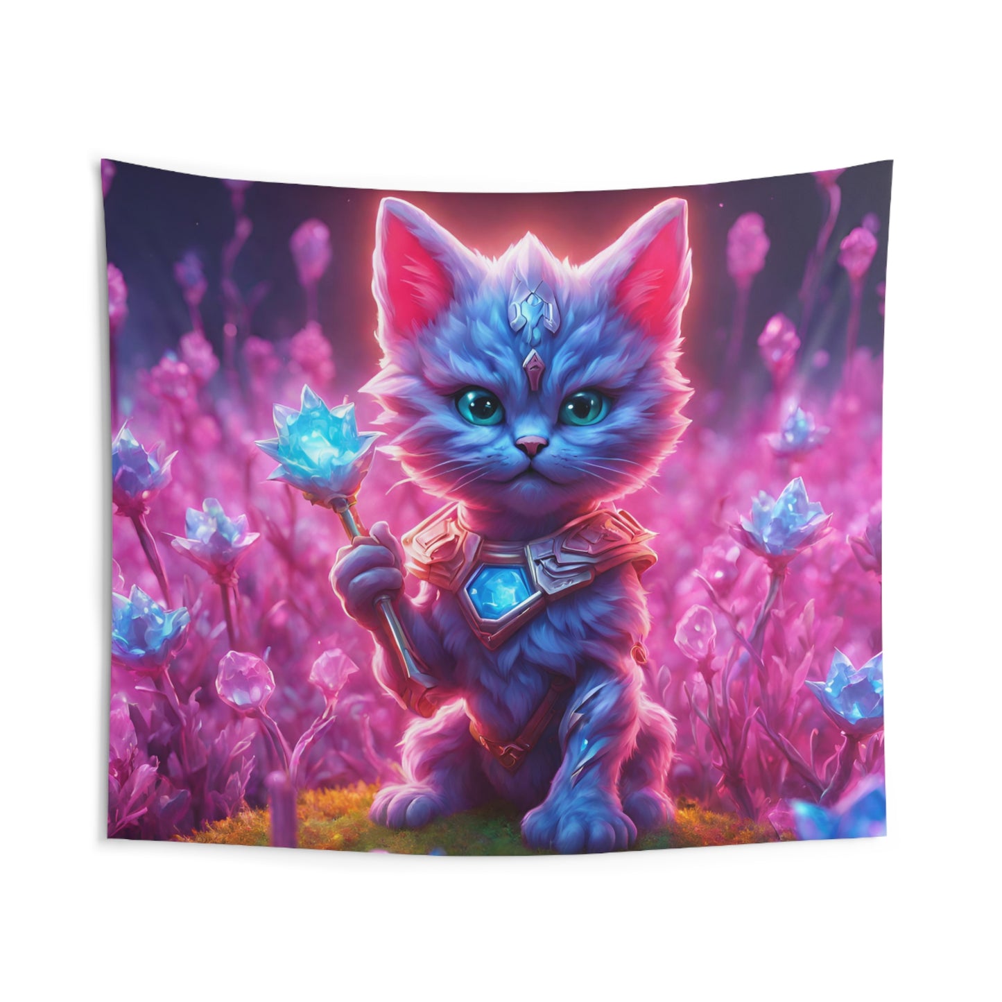 Warrior Cat Crystal Grove Tapestry, Thunder Bolt Armored Kitten Mystical Weapon Wall Hanging, Pink Blue Infused Blossom Field Tapestry