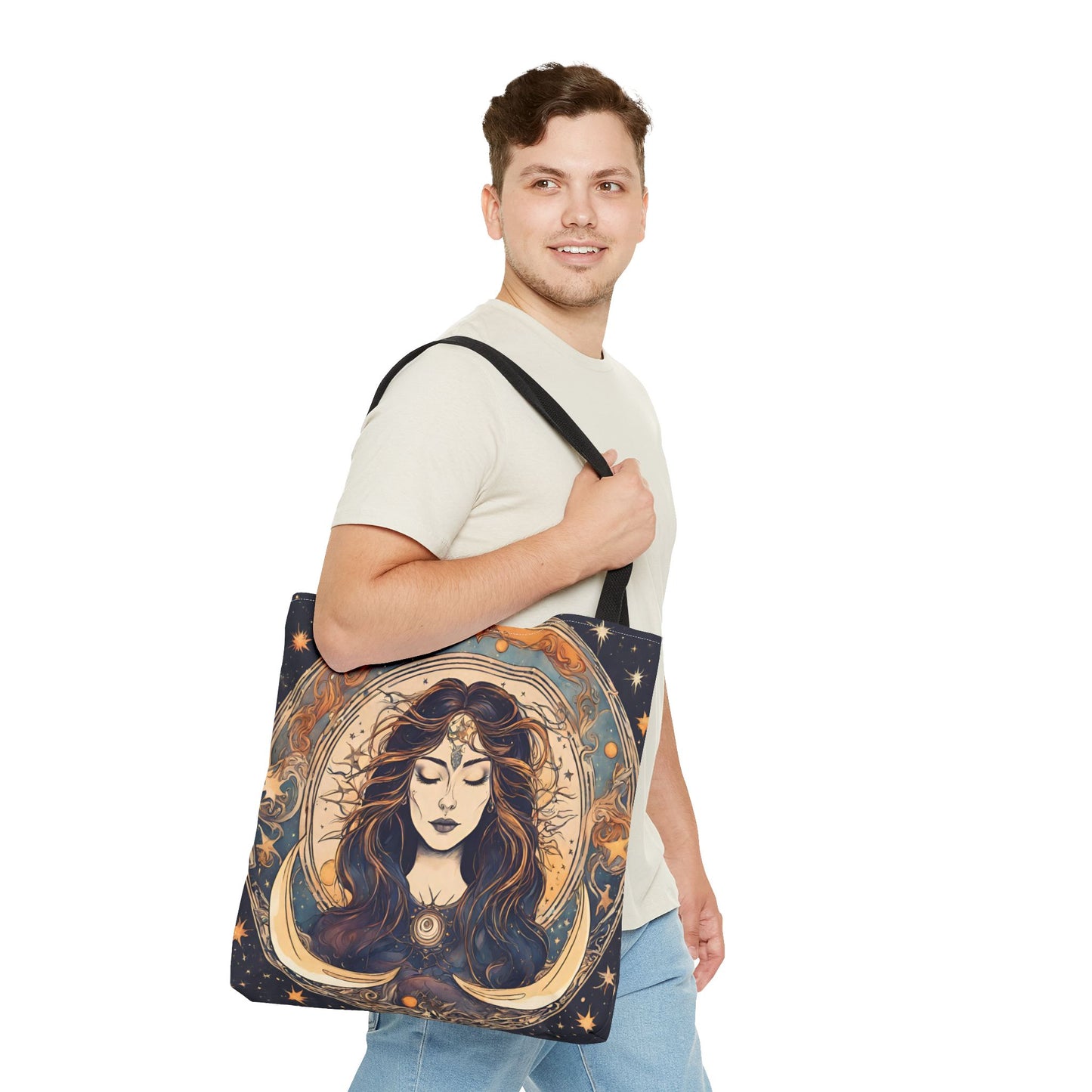 Sun & Moon Goddess Tote | Lunar Stars and Space Astronomy Grocery Bag | Wiccan Dreams Office Laptop Book Carrier | Solar System Travel Gift