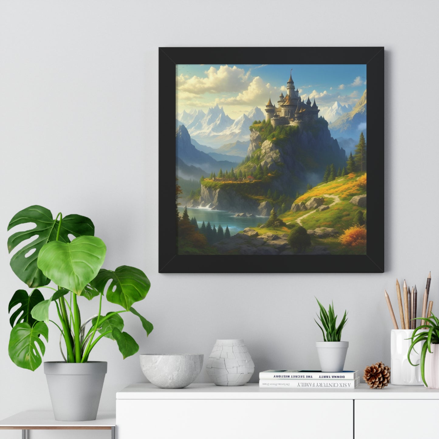 Video Game Fantasy Castle, RPG Valley Framed Poster, Mountain Nature Scene Picture, Open World Style Wall Hanging, Gamer Office Scenery