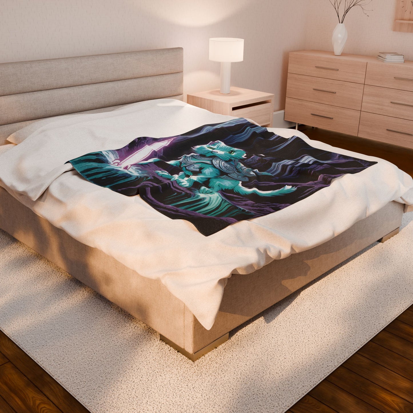 Warrior Cat Blanket, Waterfall Cat Plush Throw Blanket, Neon Sword Seeker, Armored Kitty Bed Cover, Glowing Cave Bedroom Twin Cover