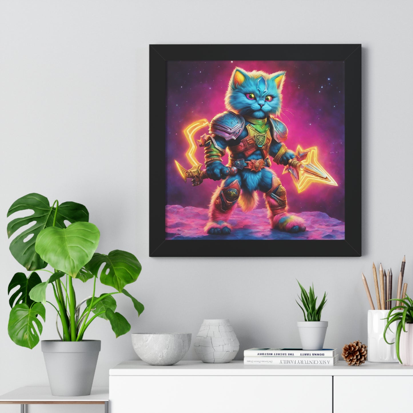 Wall Decor | Warrior Cat Framed Poster | Cosmic Rainbow Neon Weapon Armor Kitten | Bedroom, Work or Home Office Wall Art Picture | Kid Gift