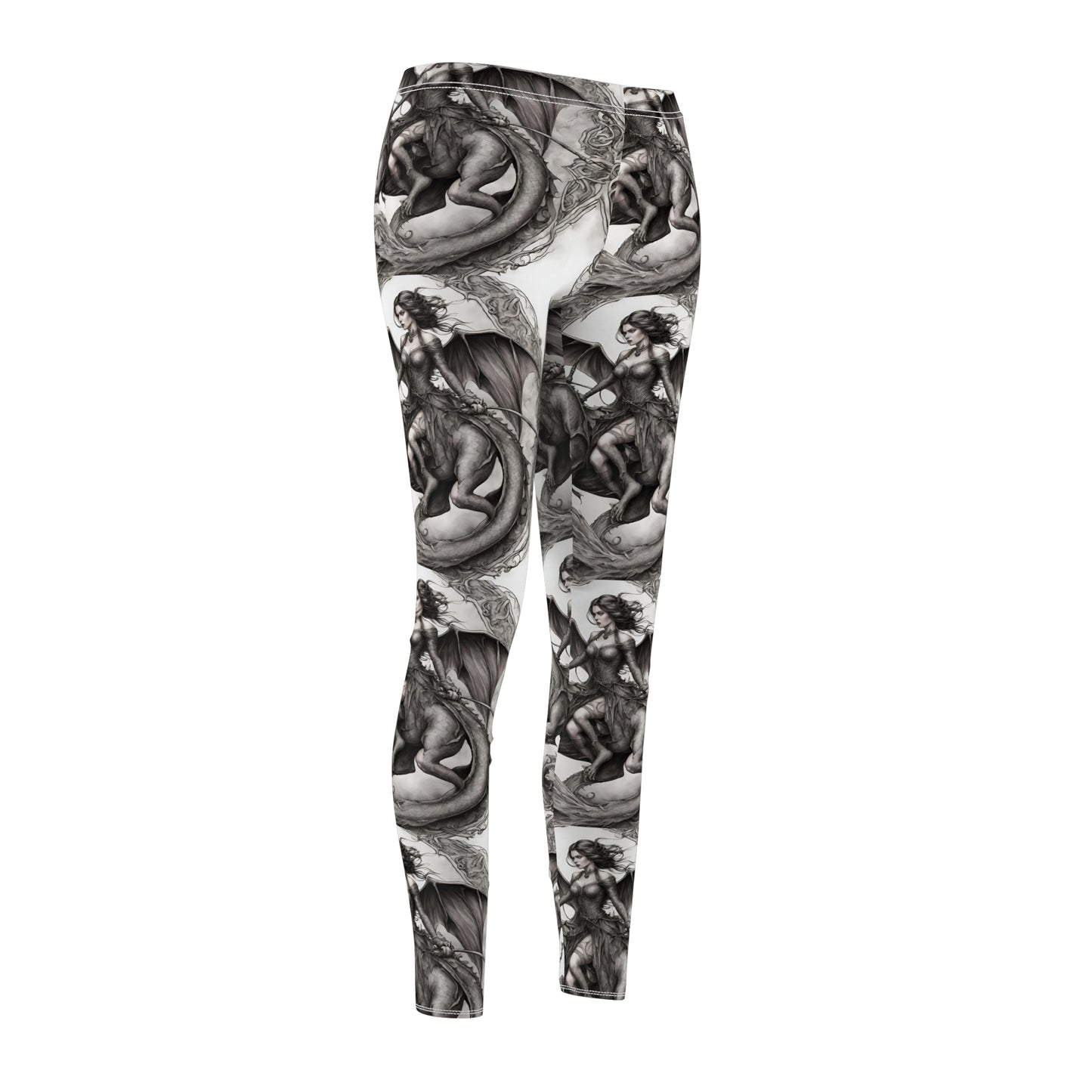 Women's Goth Medieval Dragon Casual Leggings, Shapeshifting Beauty Elastic Bottoms, Tight Black and White Pants