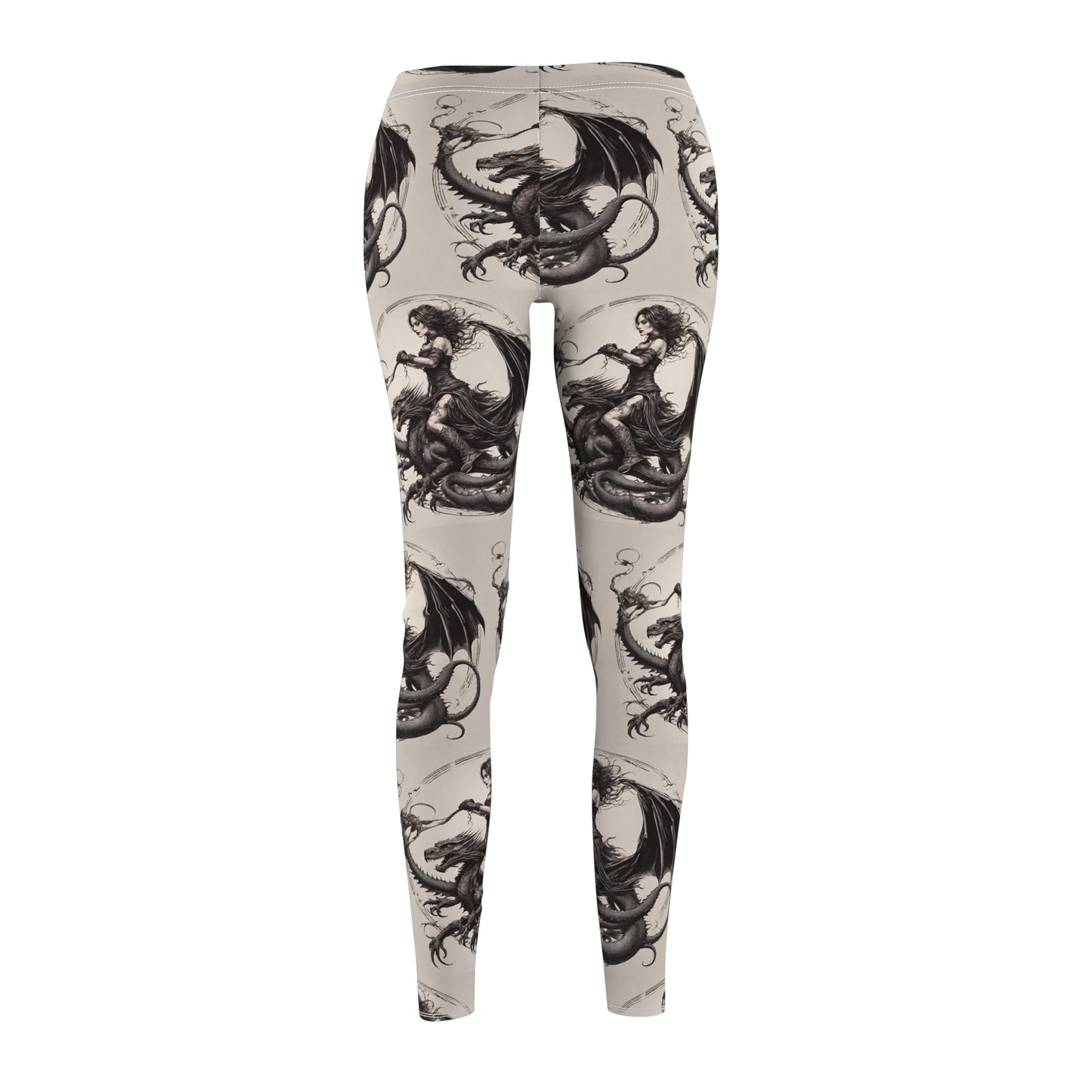 Women's Goth Medieval Dragon Casual Leggings, Reptile Riding Beauty Elastic Bottoms, Tight Black and Beige Pants