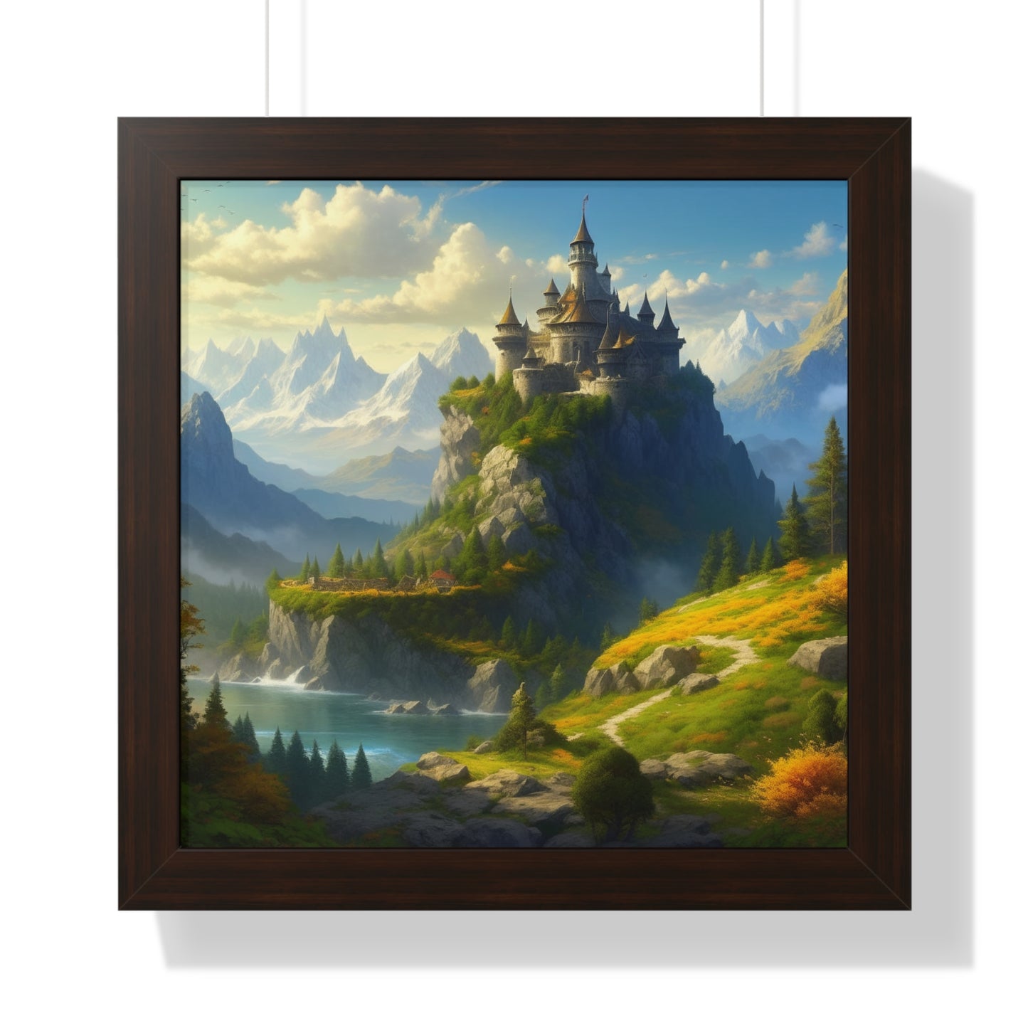 Video Game Fantasy Castle, RPG Valley Framed Poster, Mountain Nature Scene Picture, Open World Style Wall Hanging, Gamer Office Scenery