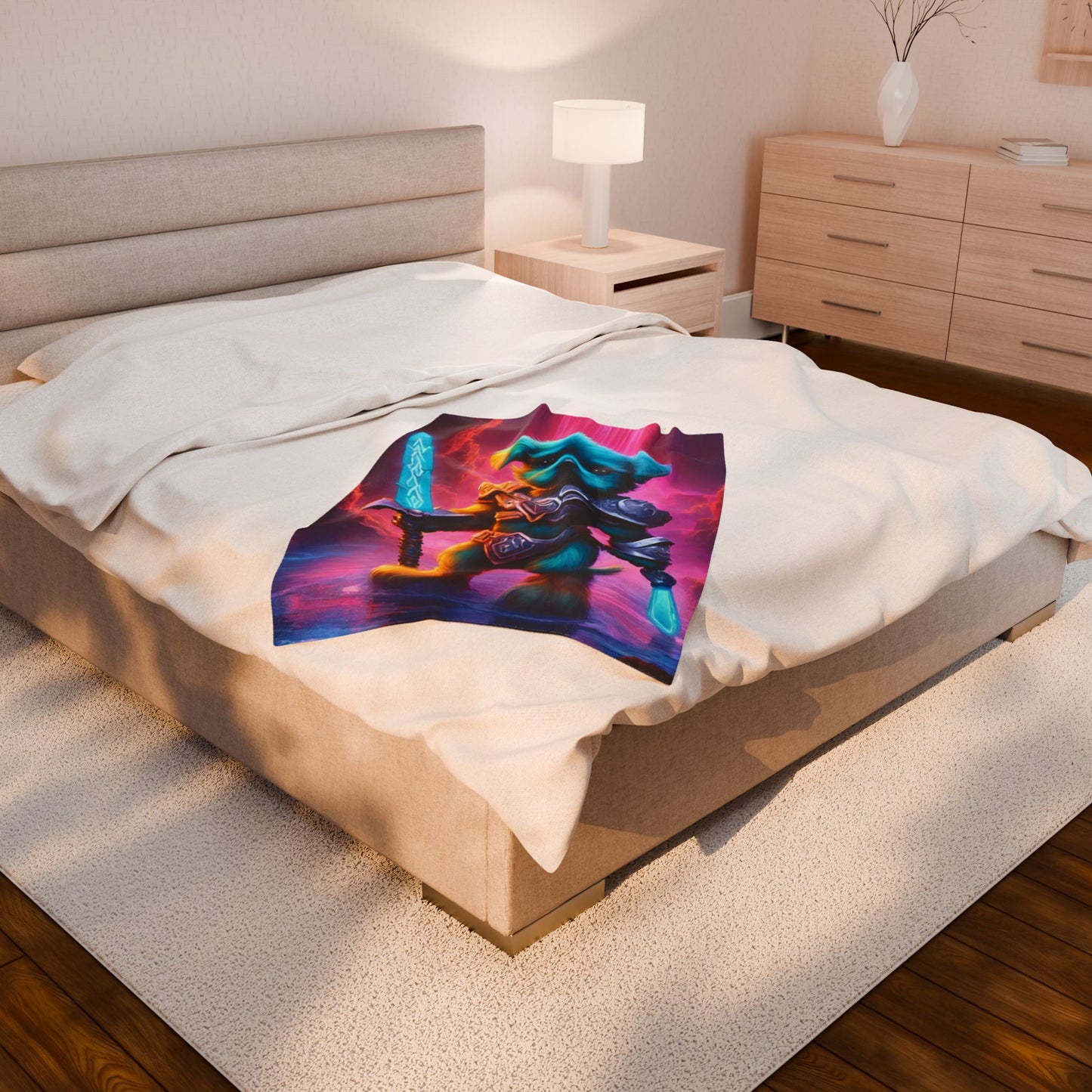Warrior Puppy Blanket, Waterfall Dog Plush Throw Blanket, Neon Sword Seeker, Armored Pup Bed Cover, Glowing Cave Bedroom Twin Cover