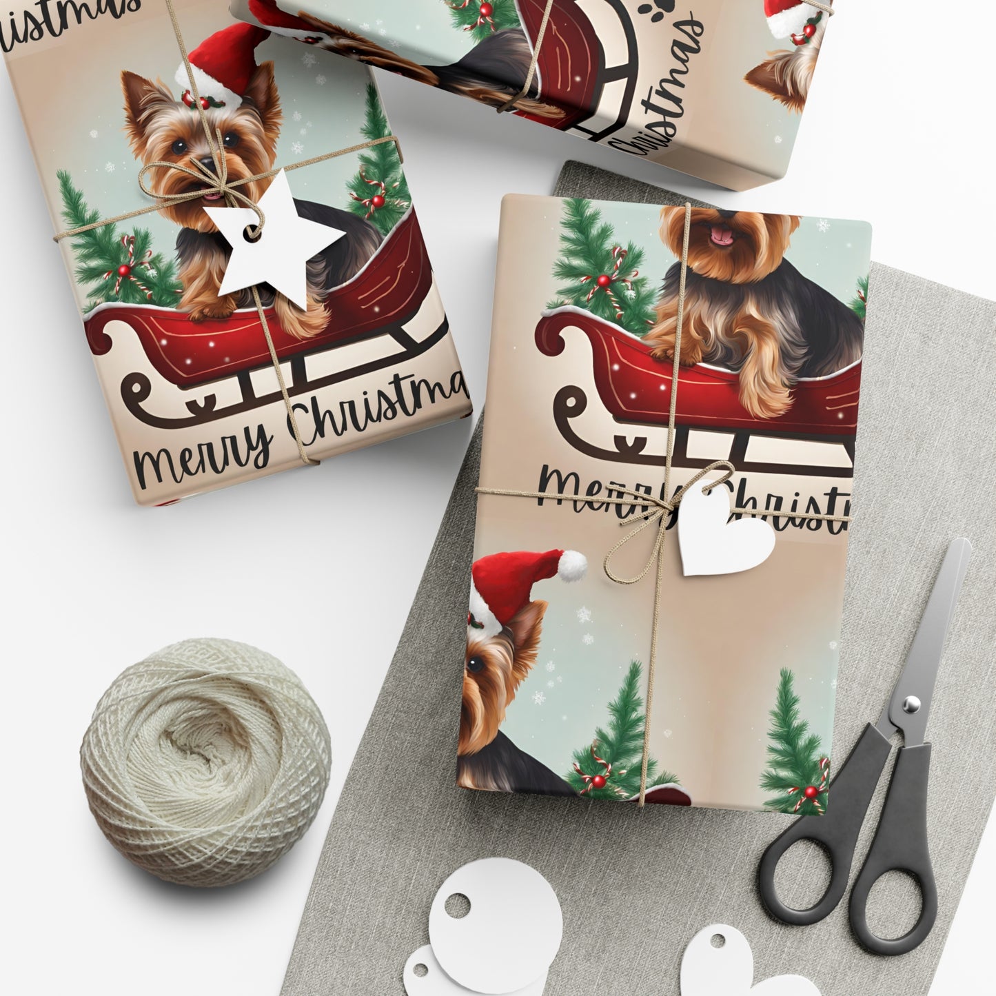Dog Christmas Wrapping Paper, Yorkshire Terrier Sled Xmas Wrap, Santa Hat Yorkie Gift Wrap, Holiday Gift Wrap Roll